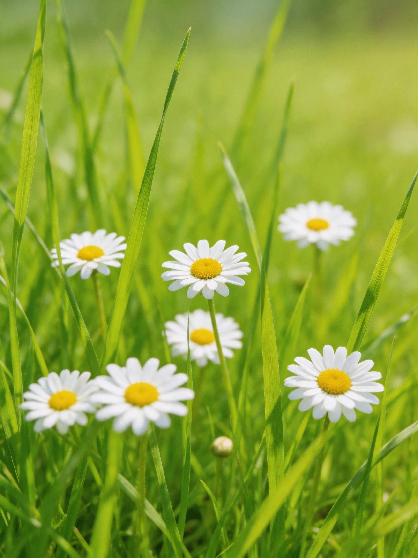 Six daisies bloom amid tall vibrant green grass