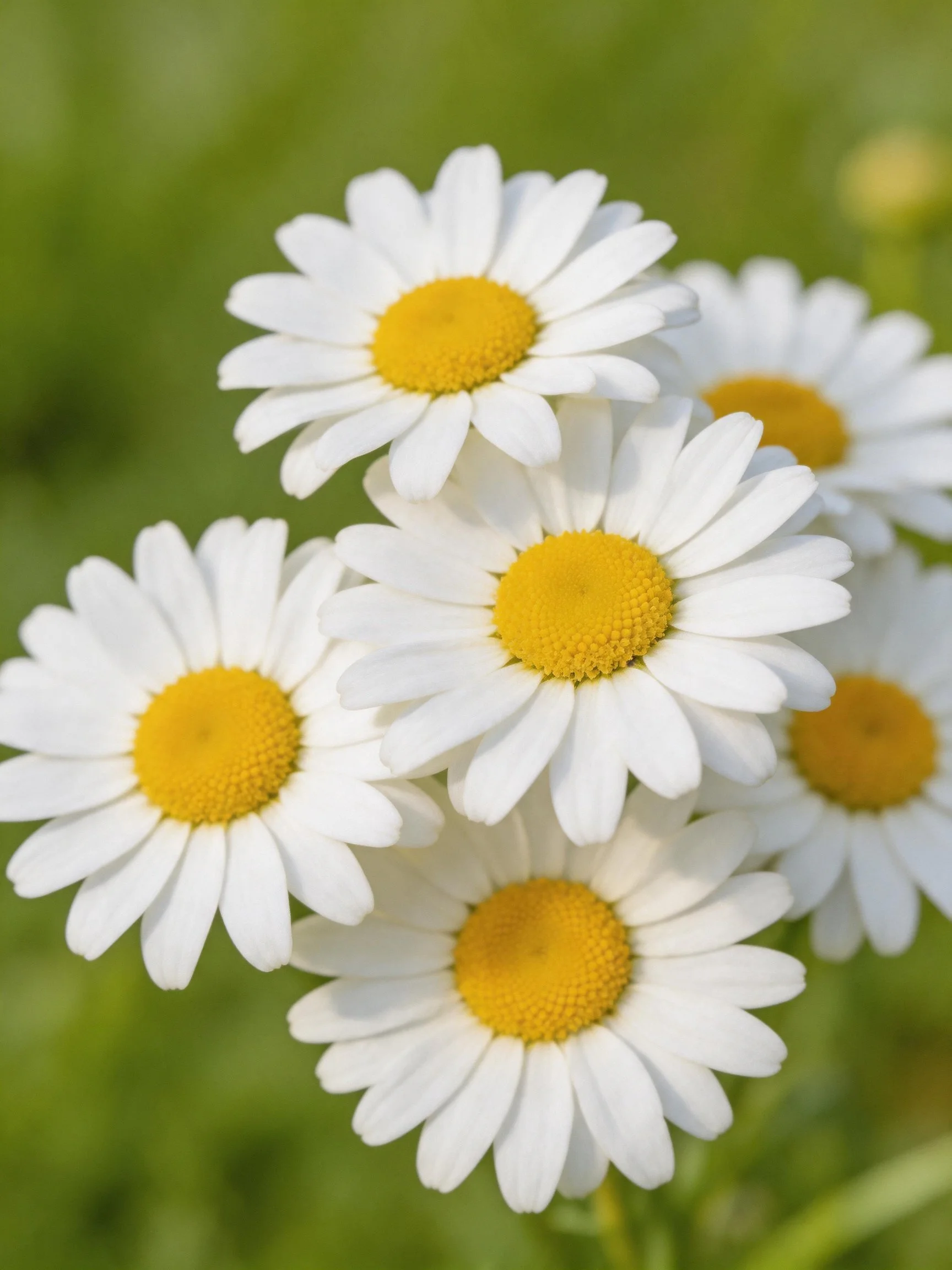 Six daisies with white petals and golden centers against a green backdrop