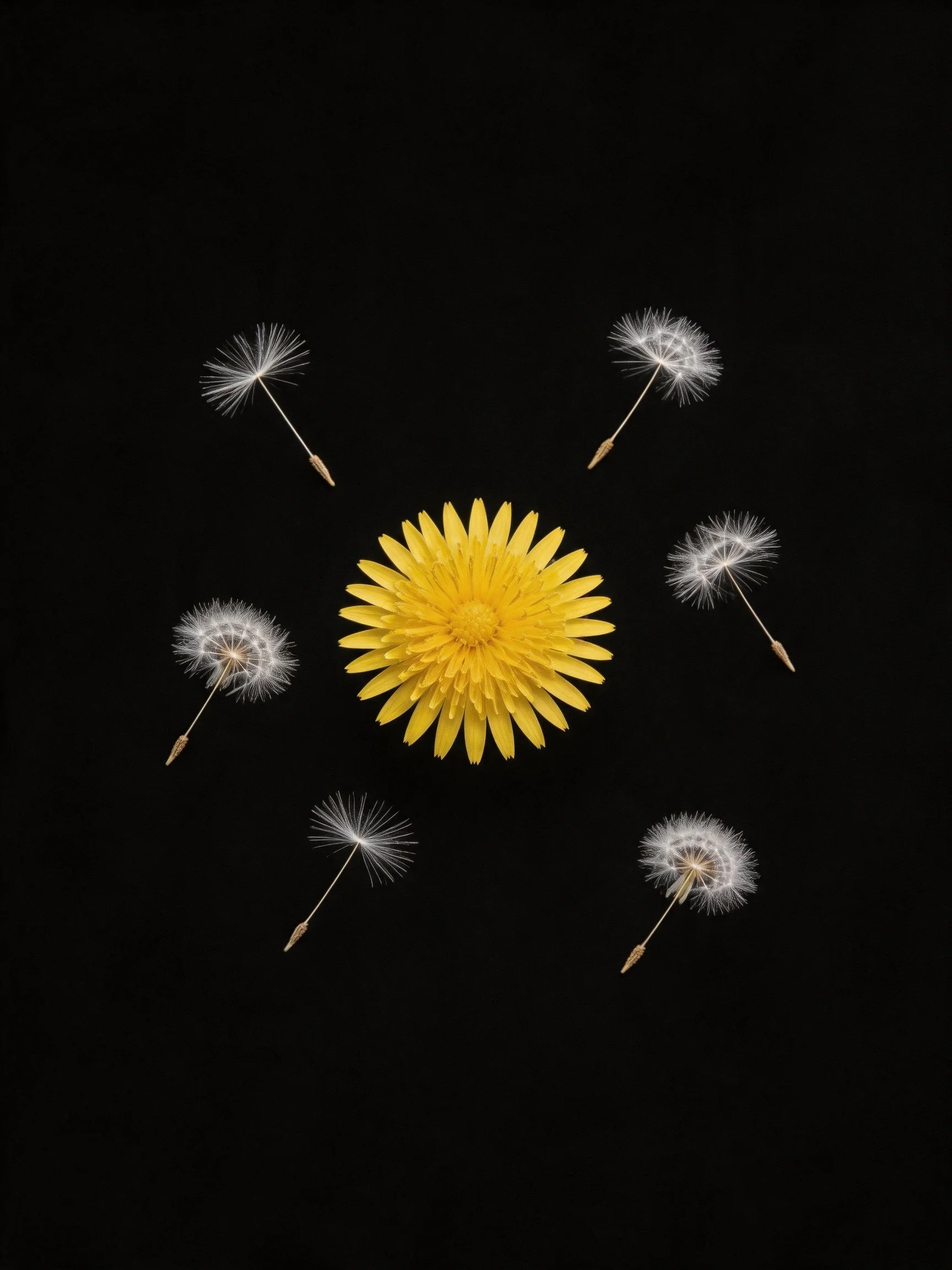 Six dandelion seed heads surround a bright yellow flower on a black background