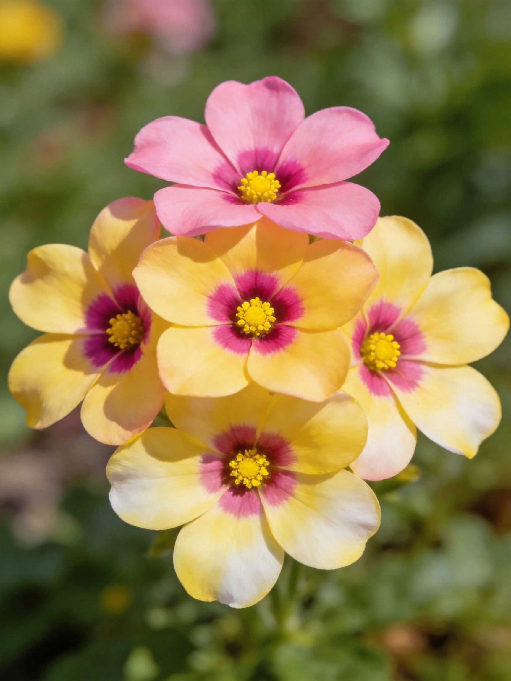 Six flowers with pink and yellow petals clustered