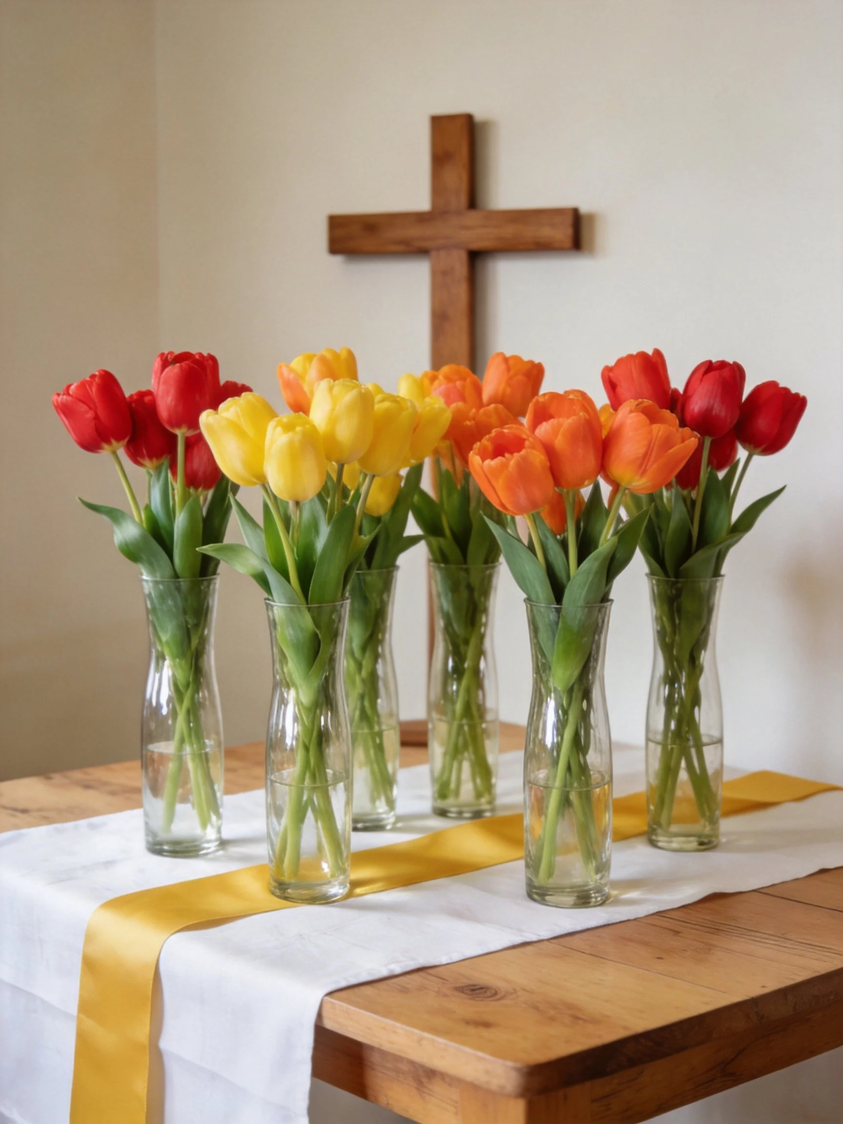 Six glass vases hold red, yellow, and orange tulips near a wooden cross