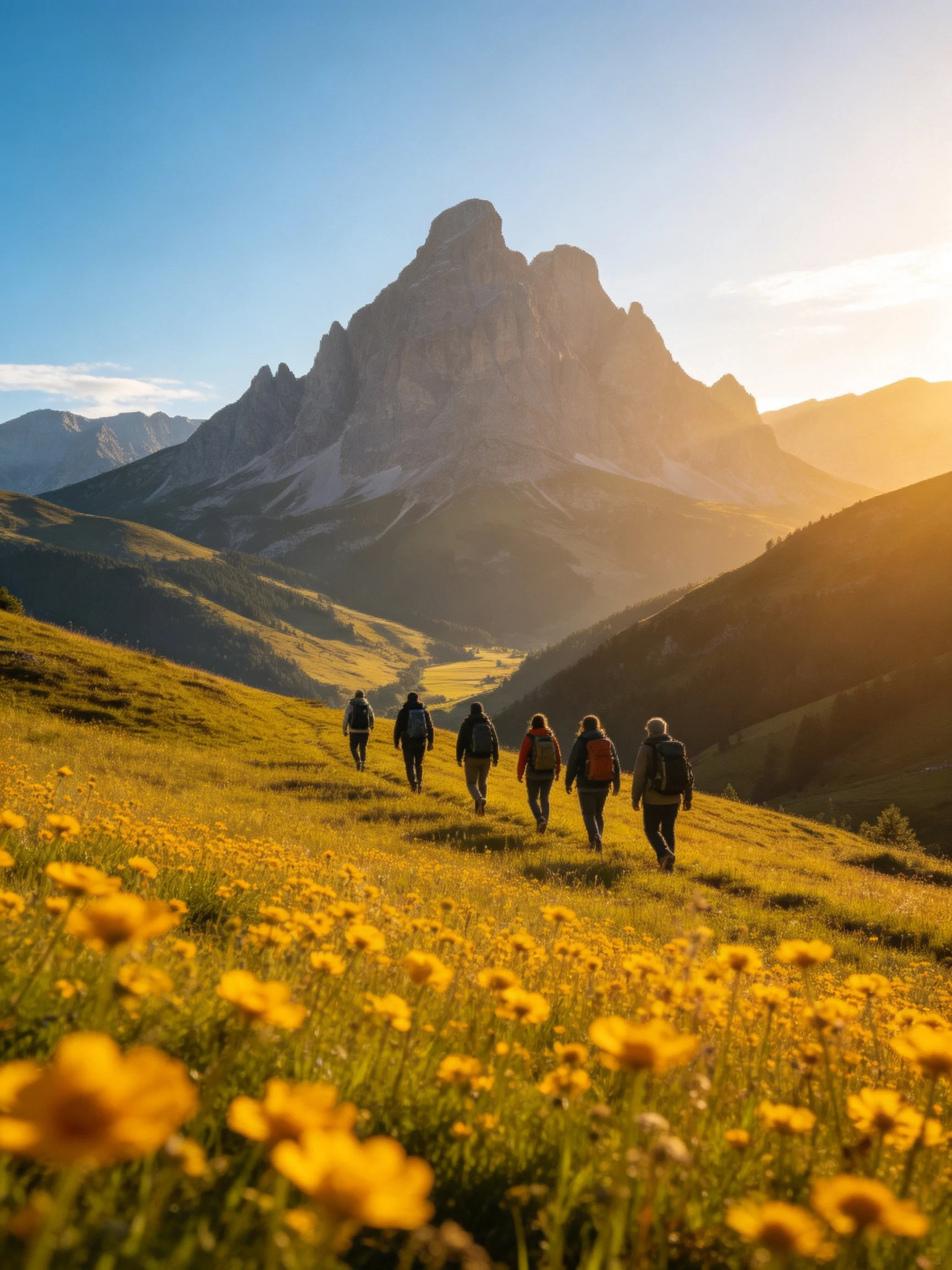 Six hikers walk through a golden meadow toward towering mountain peaks