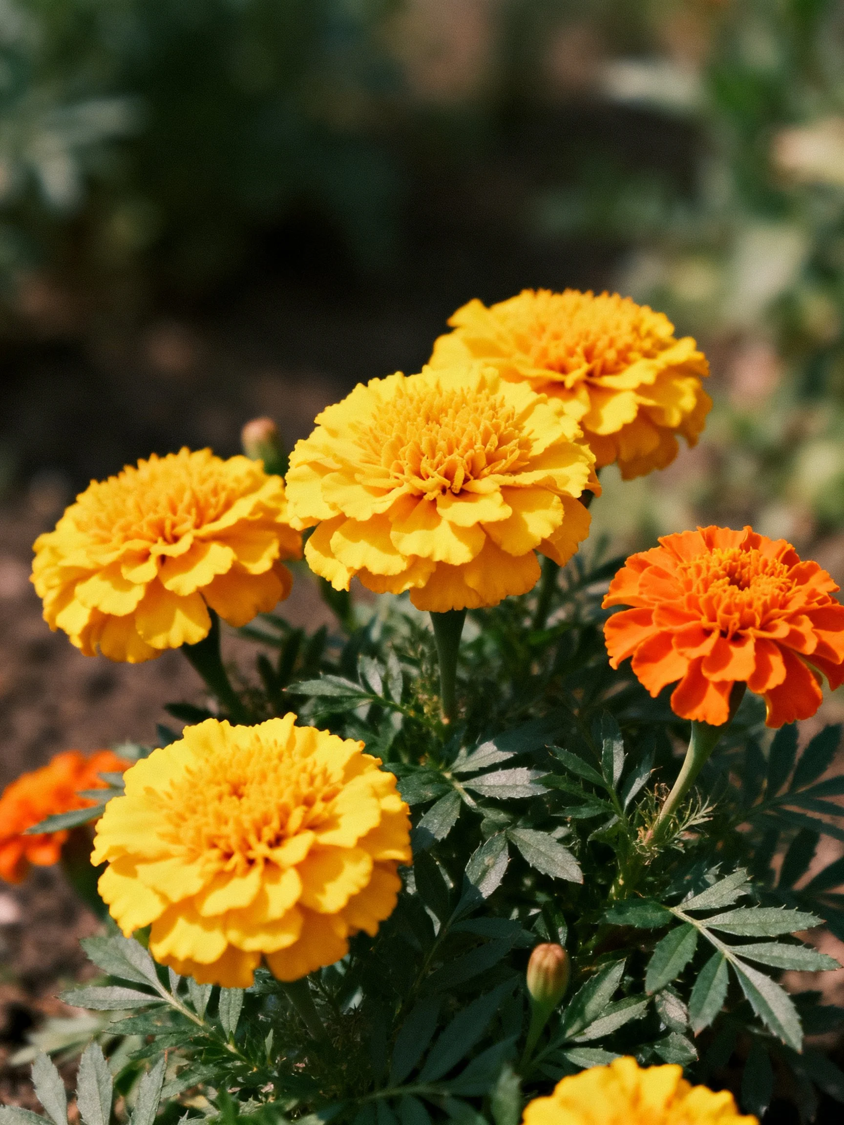 Six marigolds, four yellow, two orange, in natural sunlight