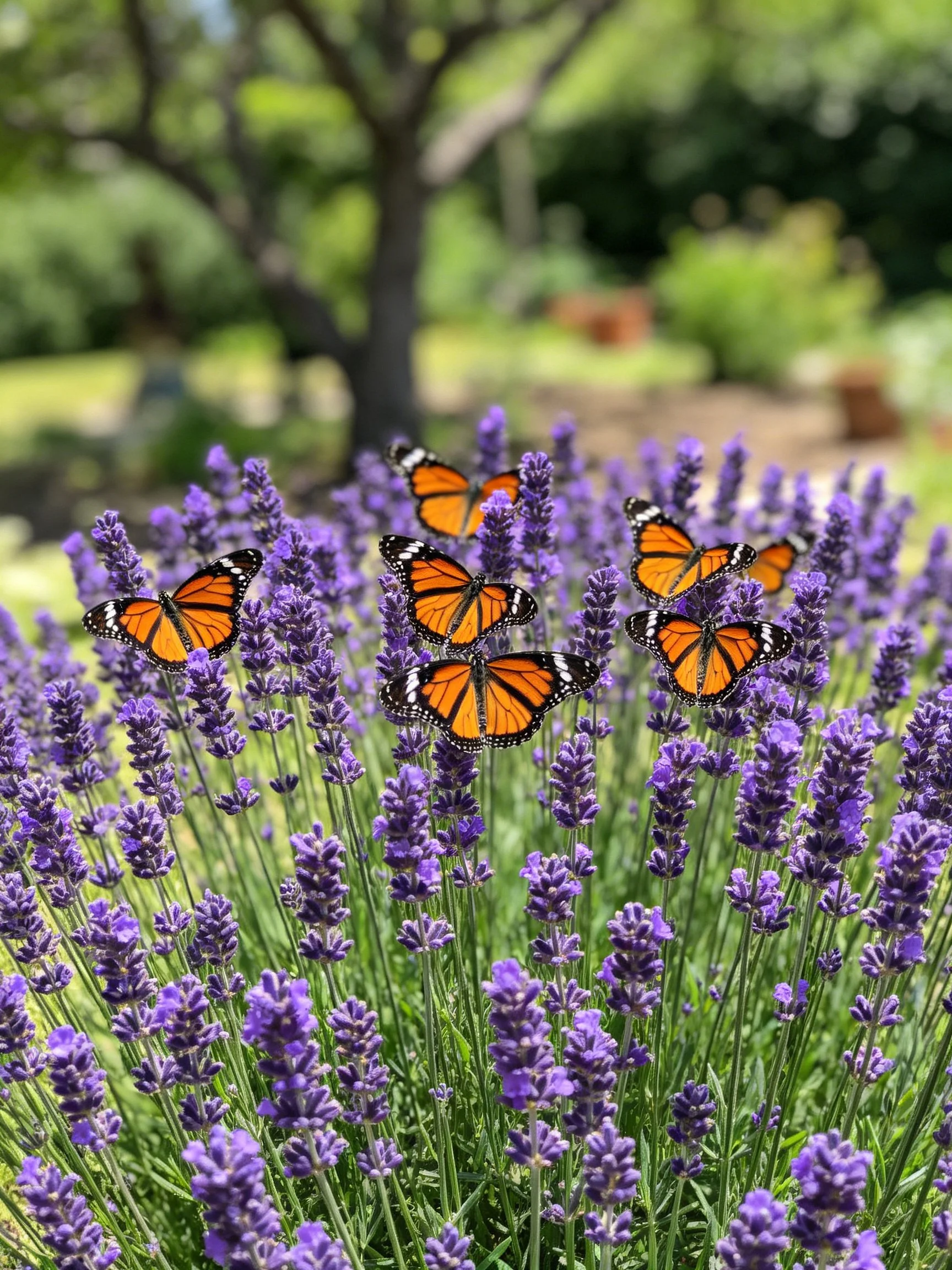 Six monarch butterflies gather on vibrant purple lavender blooms