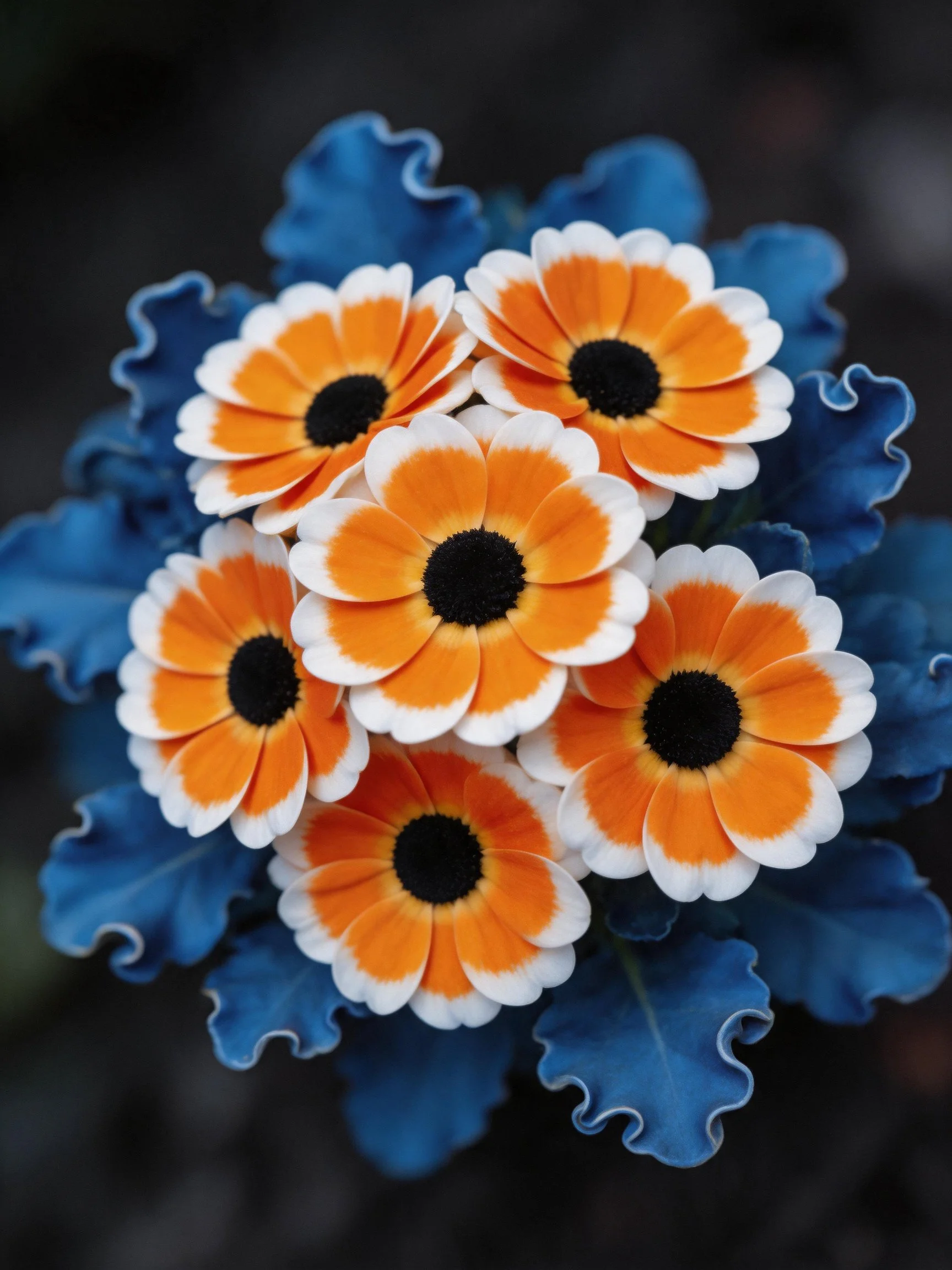 Six orange-and-white flowers with blue foliage