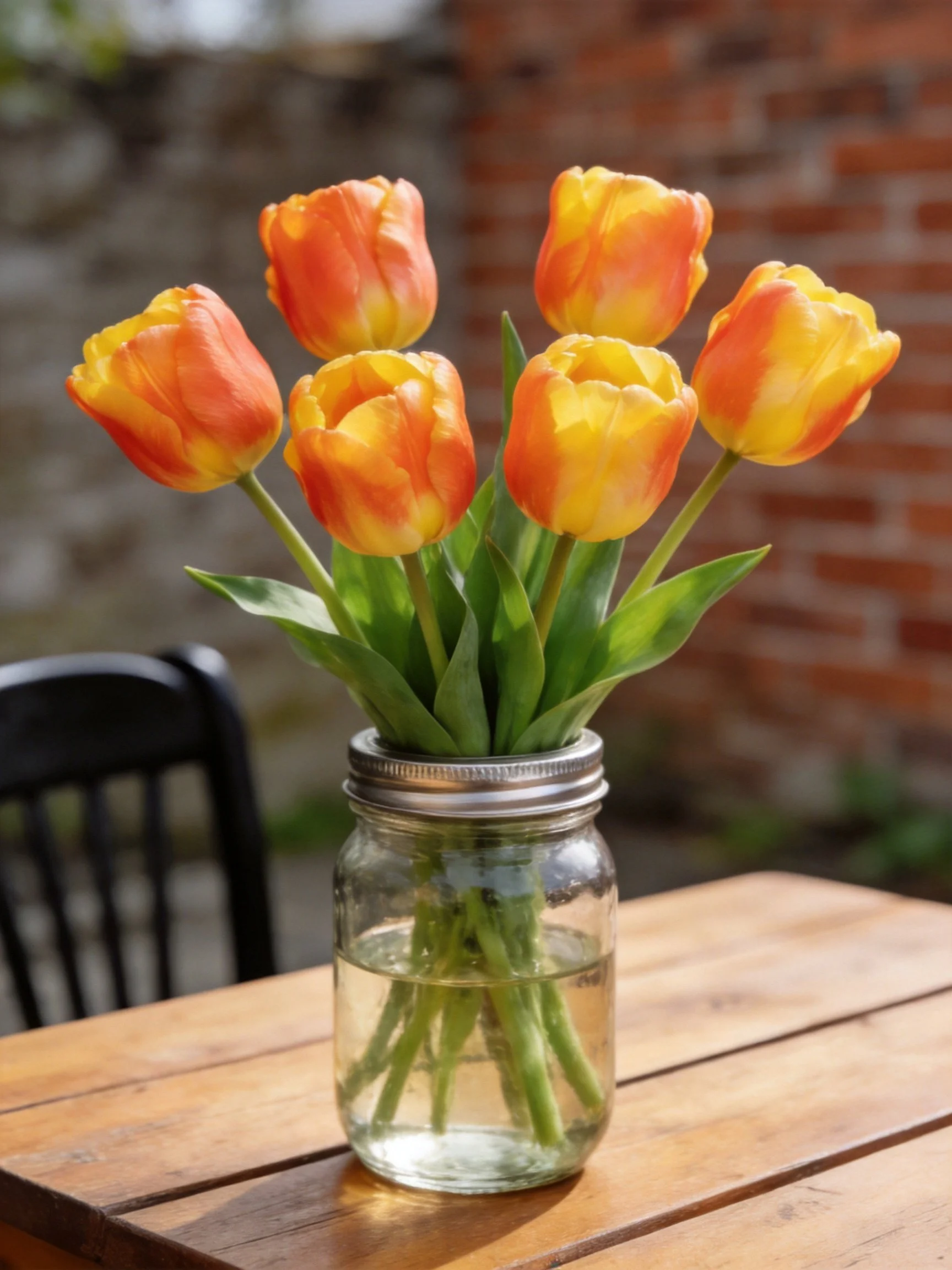 Six orange-yellow tulips arranged in a glass mason jar