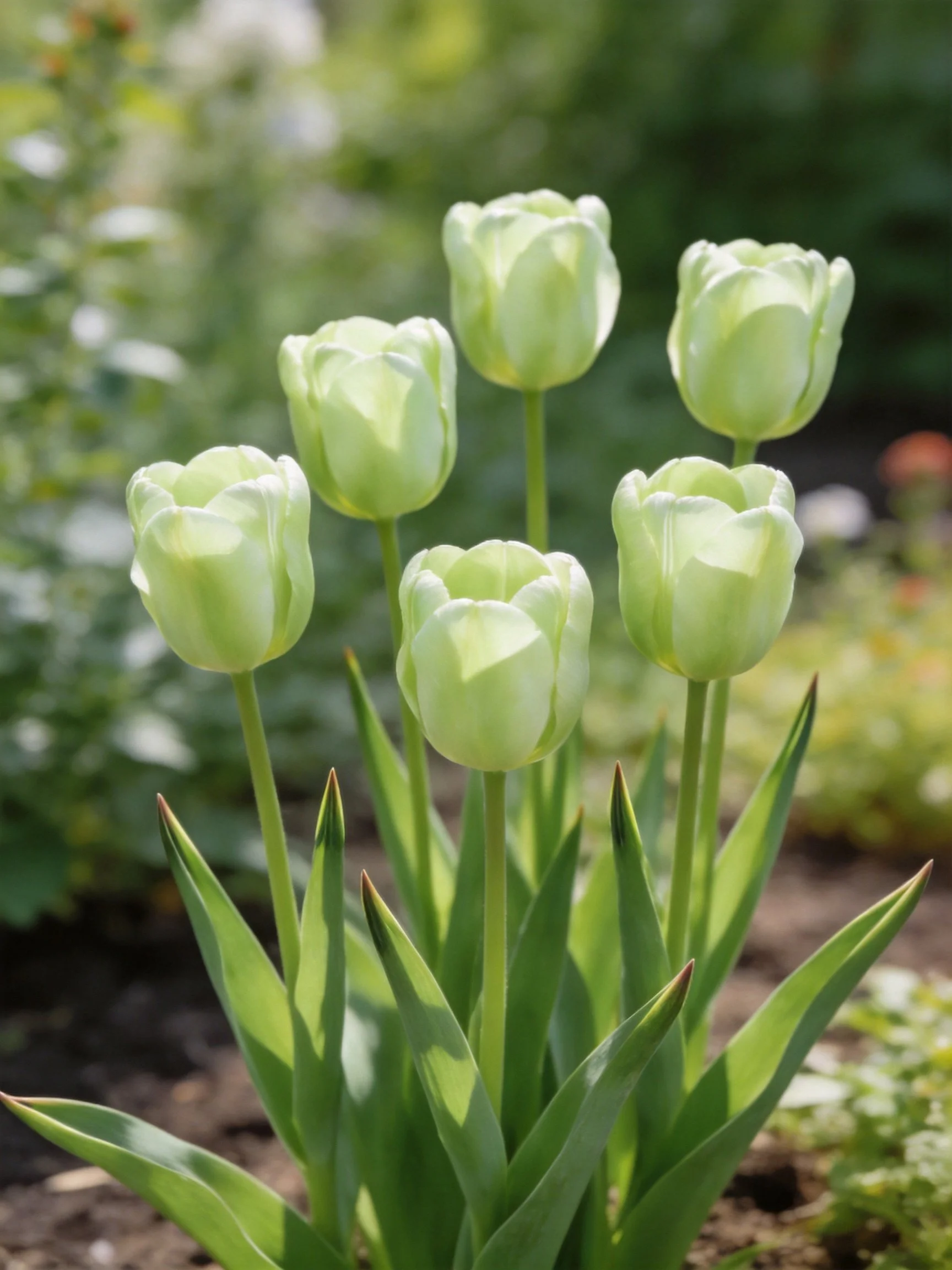 Six pale green tulips blooming in a sunlit garden bed