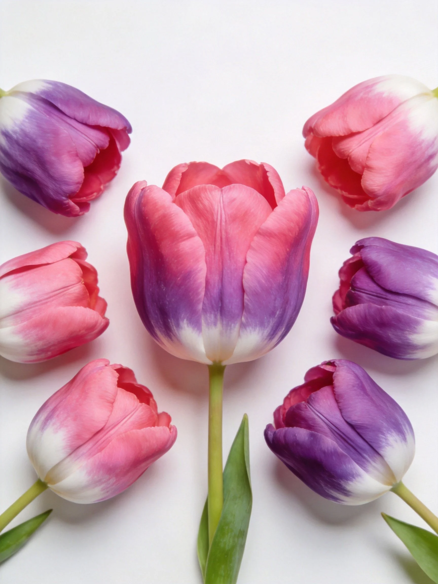 Six pink and purple tulips arranged symmetrically around a central flower