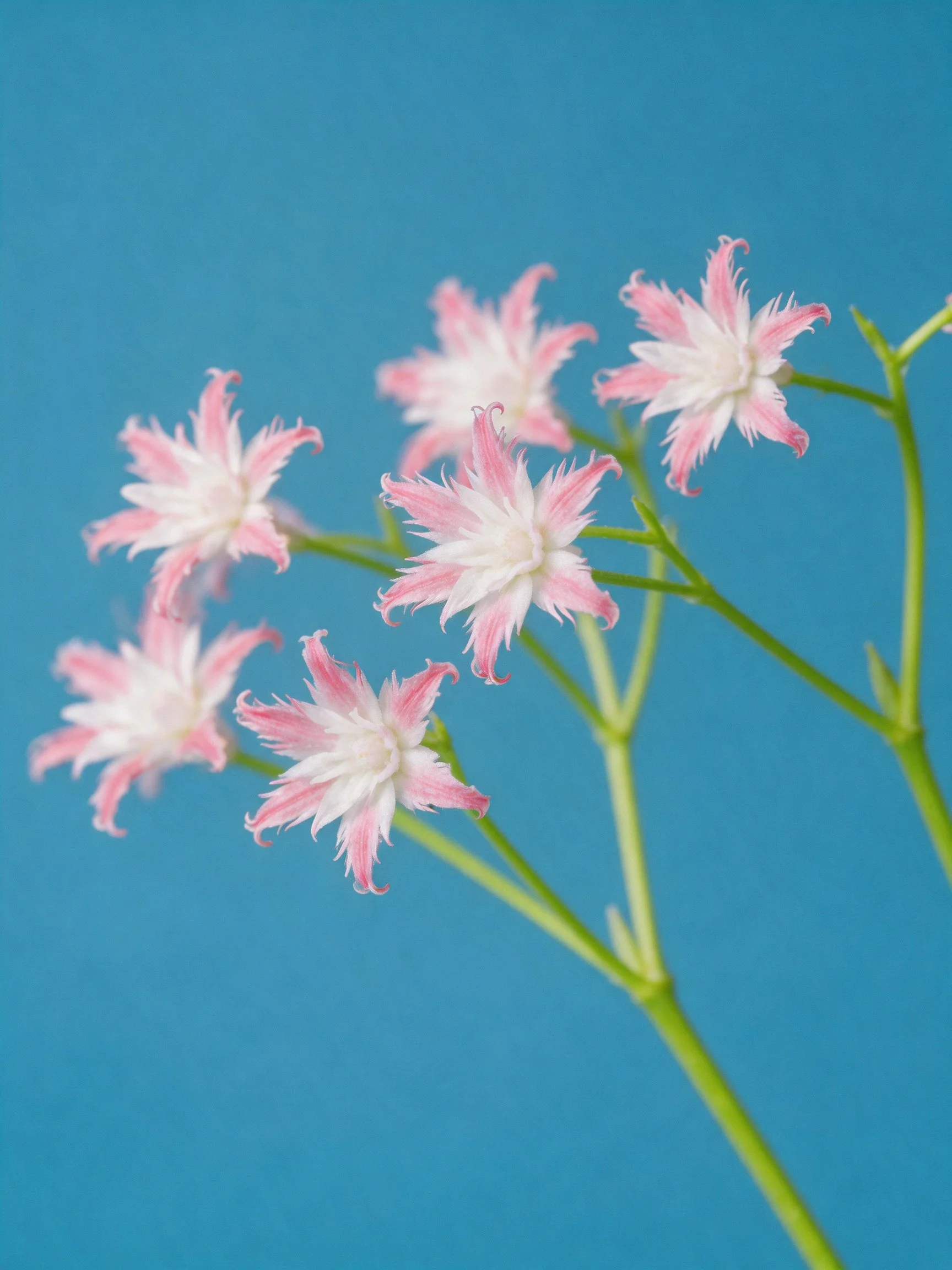 Six pink and white fringed flowers with green stems on blue background