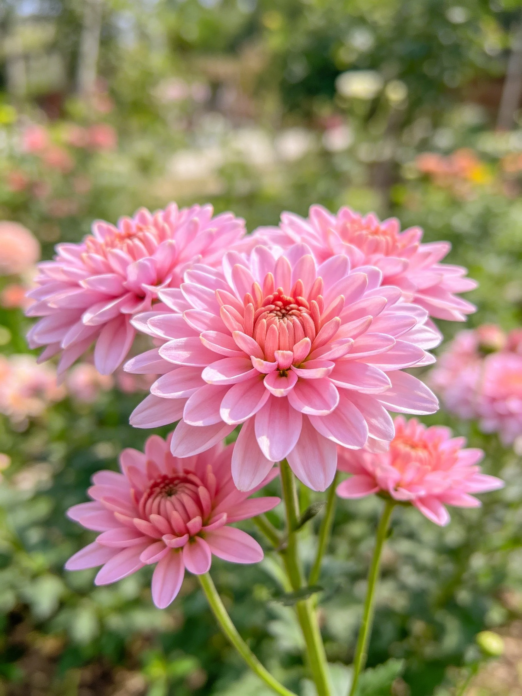 Six pink chrysanthemums bloom vibrantly among green foliage
