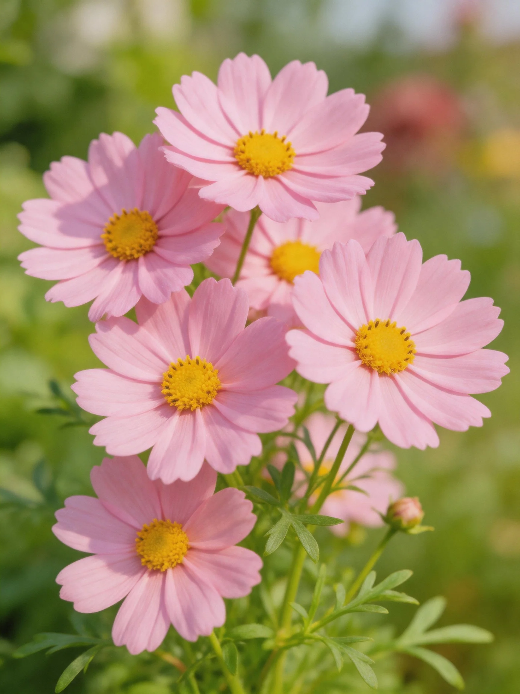 Six pink cosmos flowers with yellow centers amid green foliage