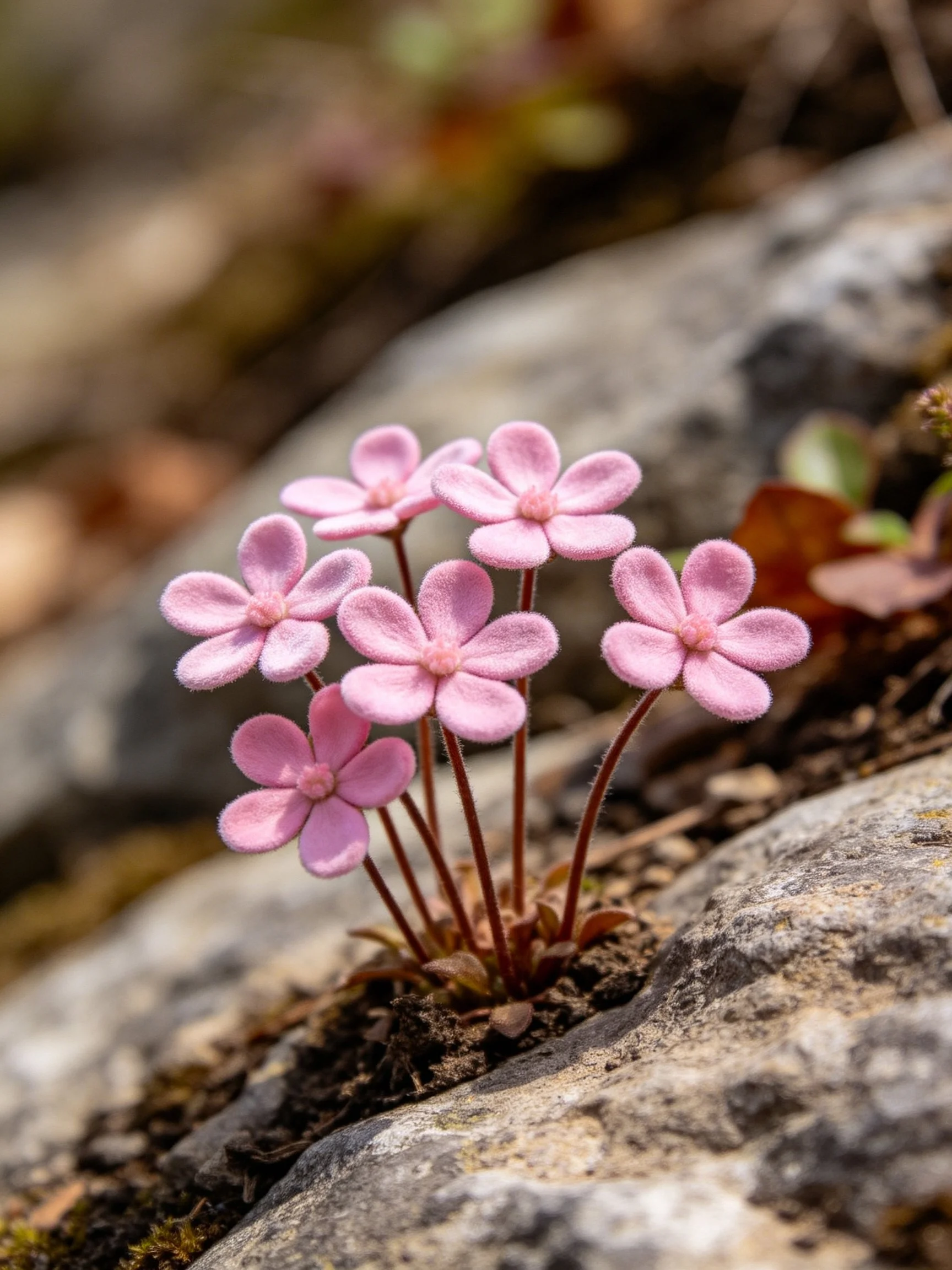 Six pink flowers bloom among rugged gray rocks