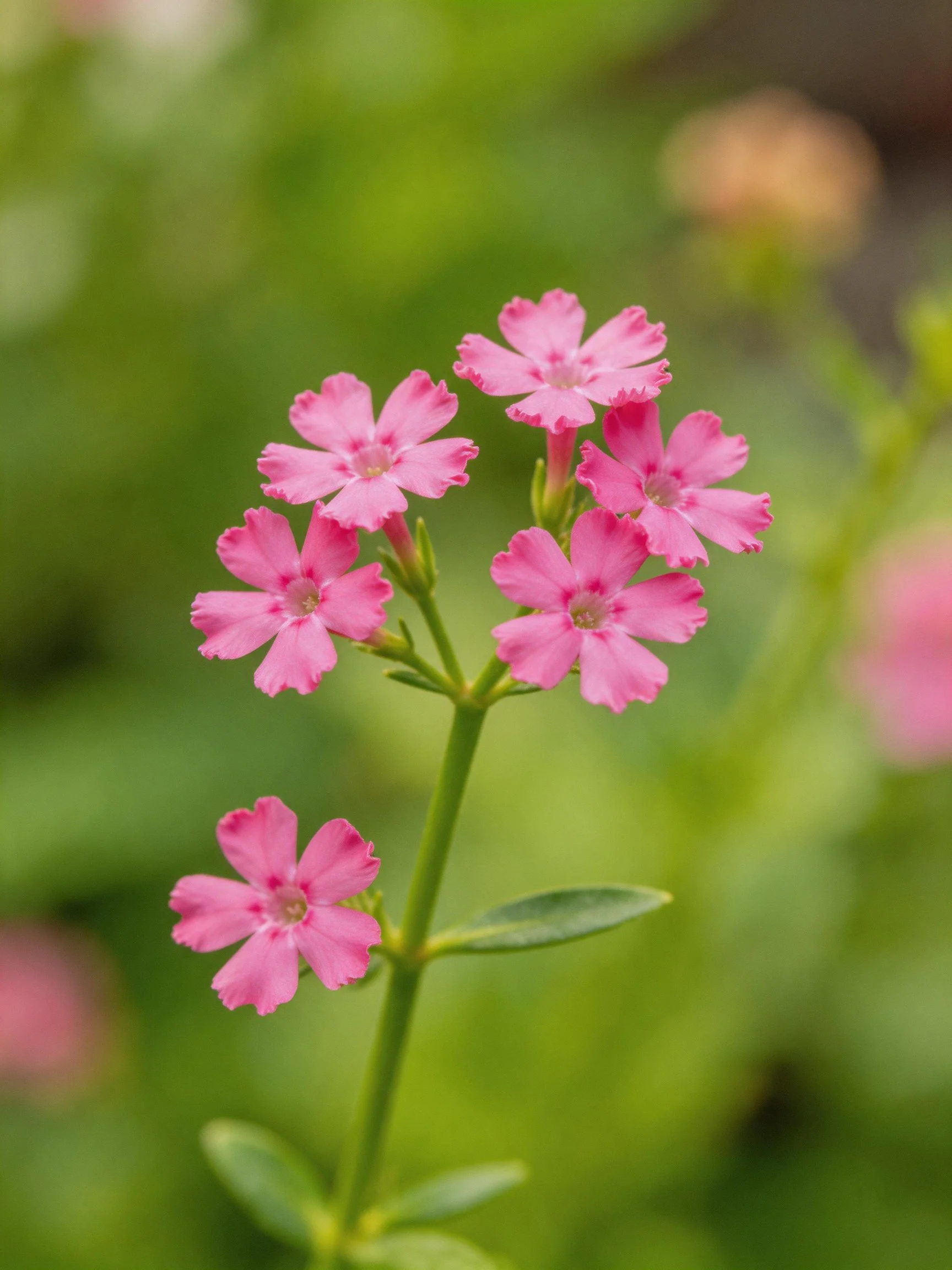 Six pink flowers cluster on a green stem with blurred green backdrop.