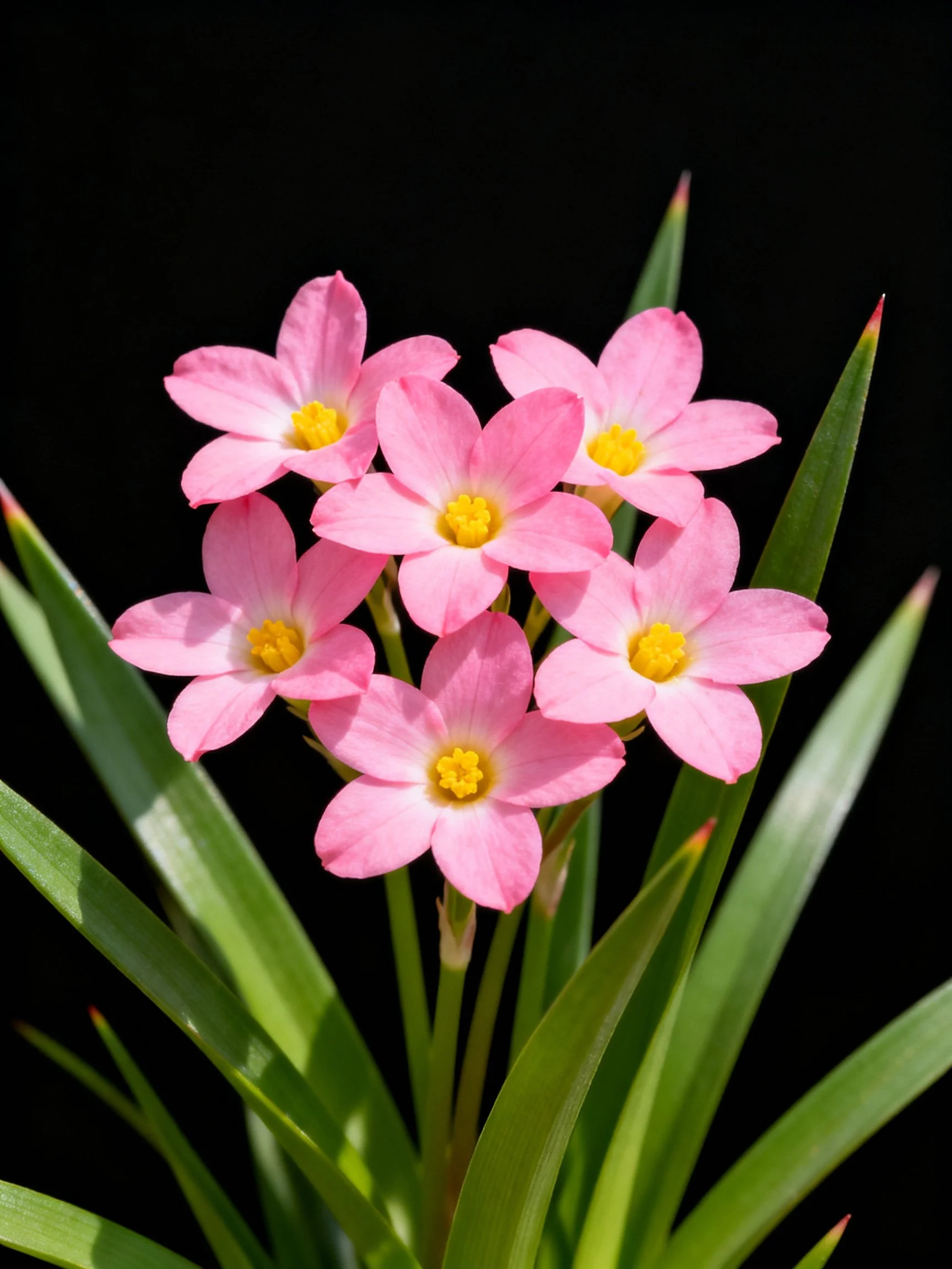 Six pink flowers with yellow centers surrounded by green leaves