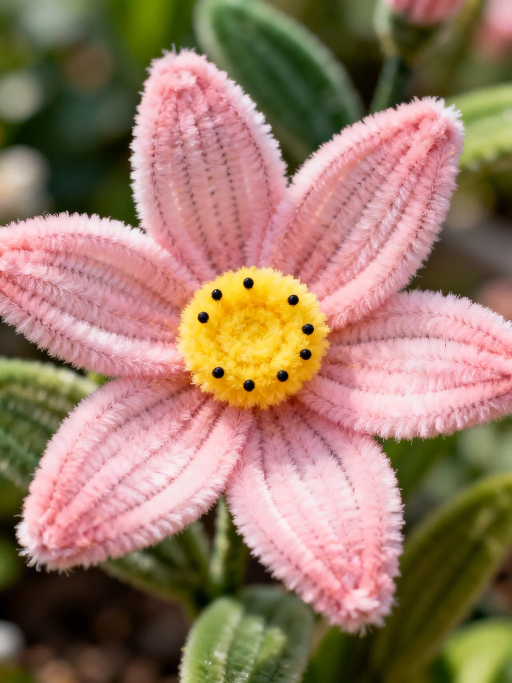 Six pink fuzzy flower petals surround a yellow center with black dots
