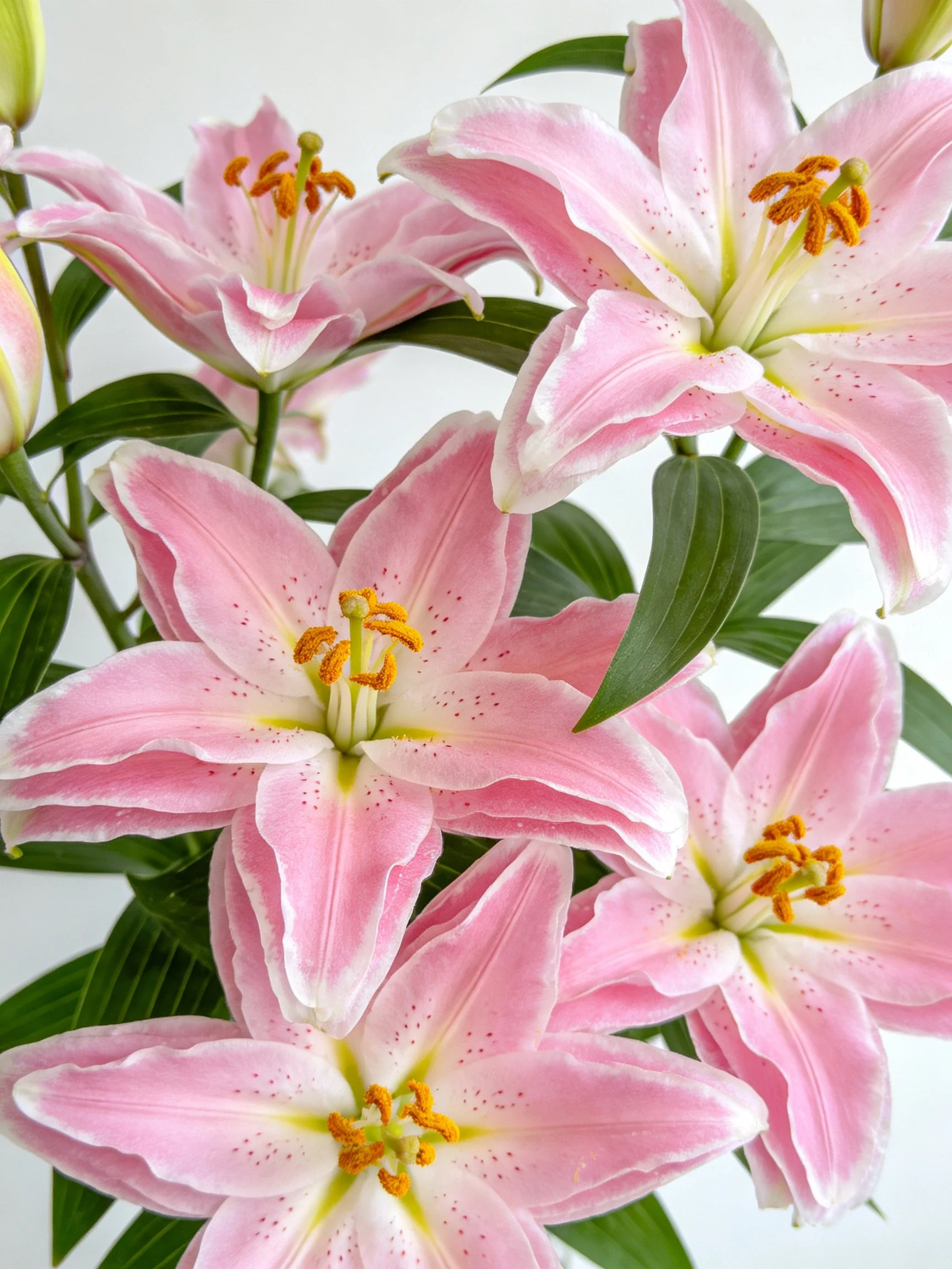 Six pink lilies with white edges and green leaves