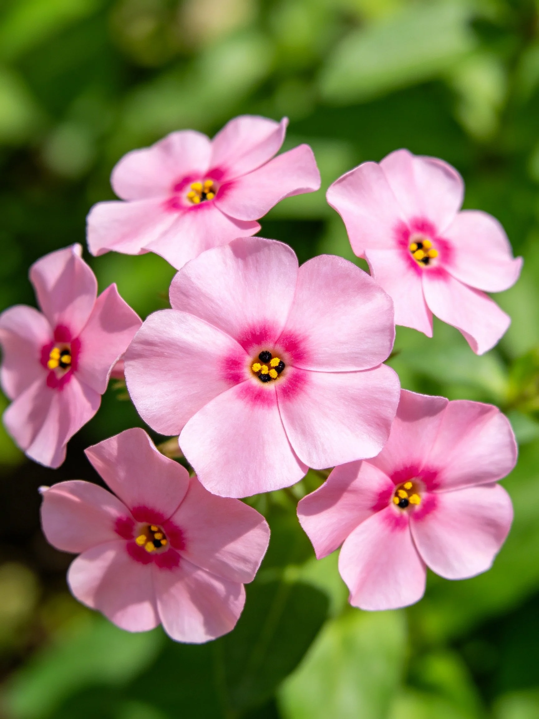 Six pink phlox blooms with magenta centers against green foliage