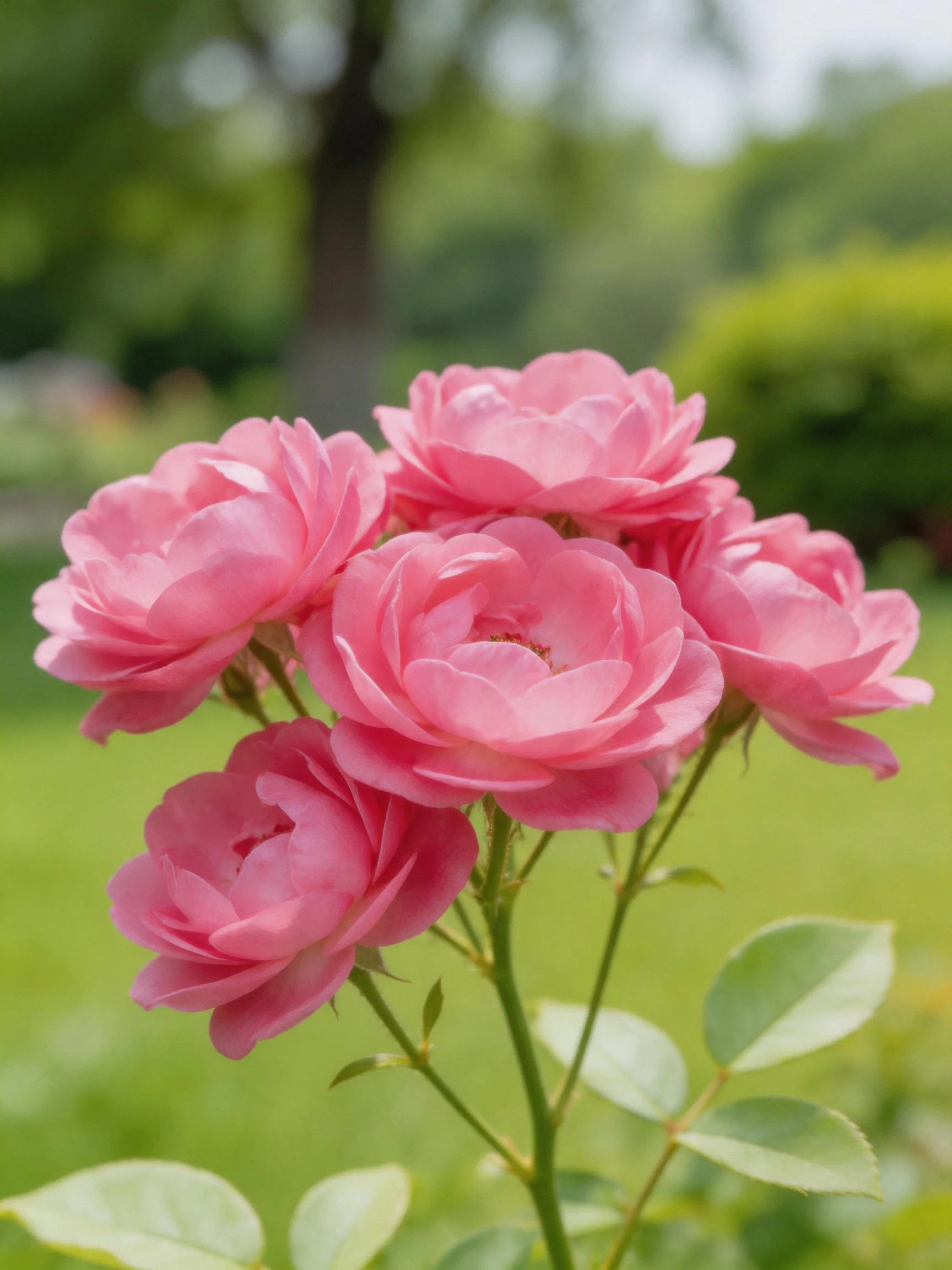 Six pink roses clustered with green foliage in a garden setting