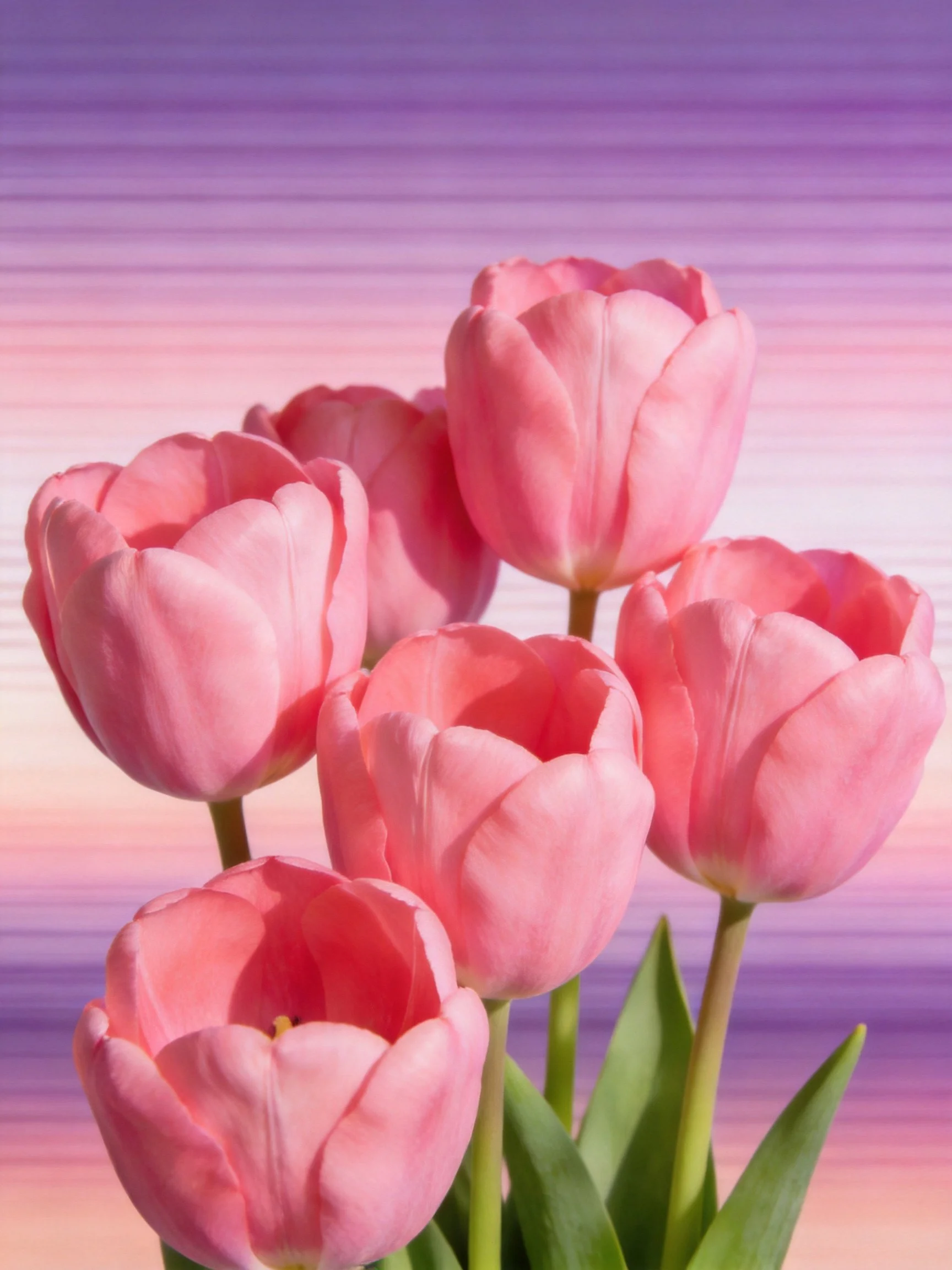 Six pink tulips clustered with a soft gradient purple-pink backdrop