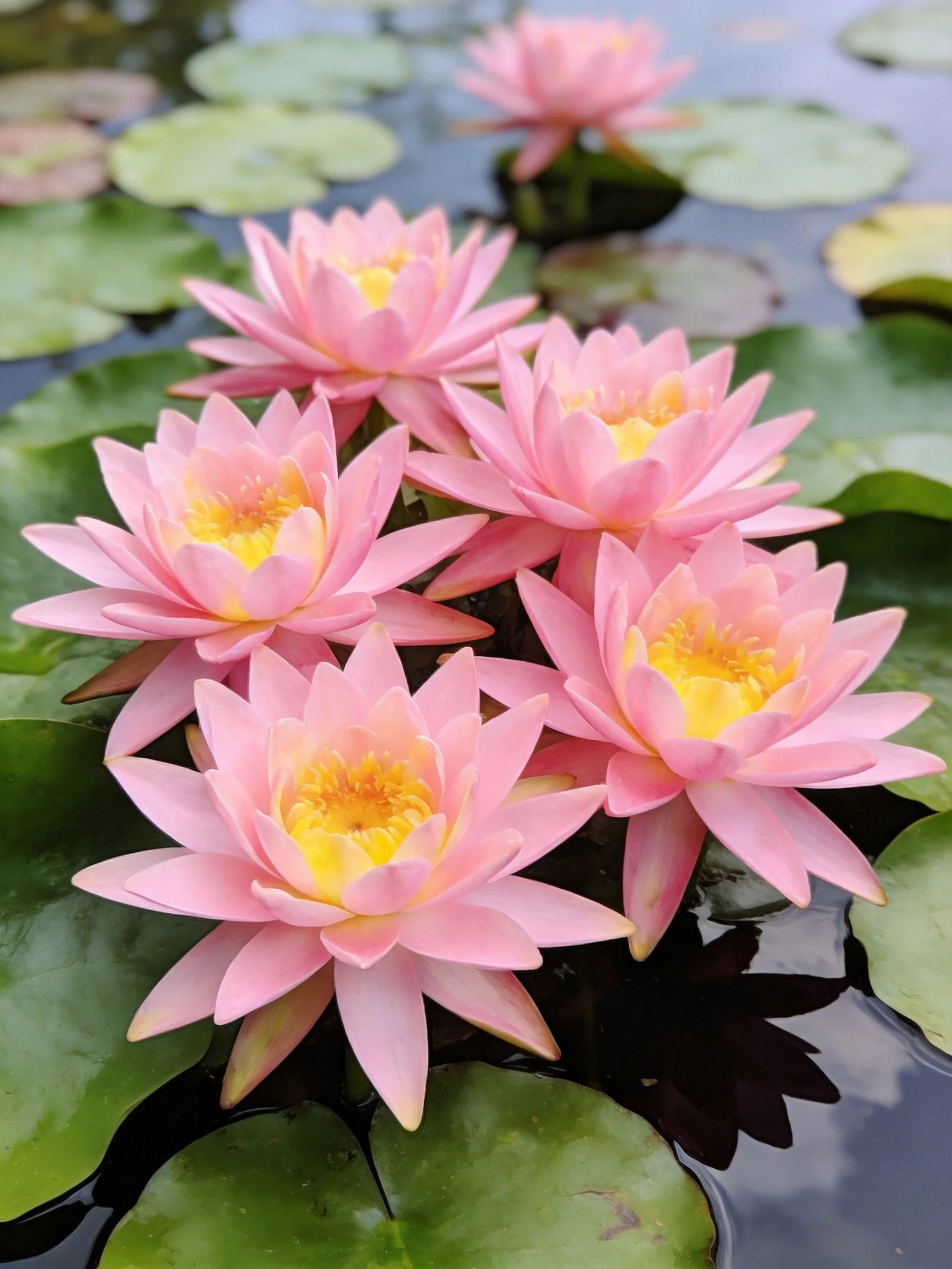 Six pink water lilies with yellow centers among lily pads