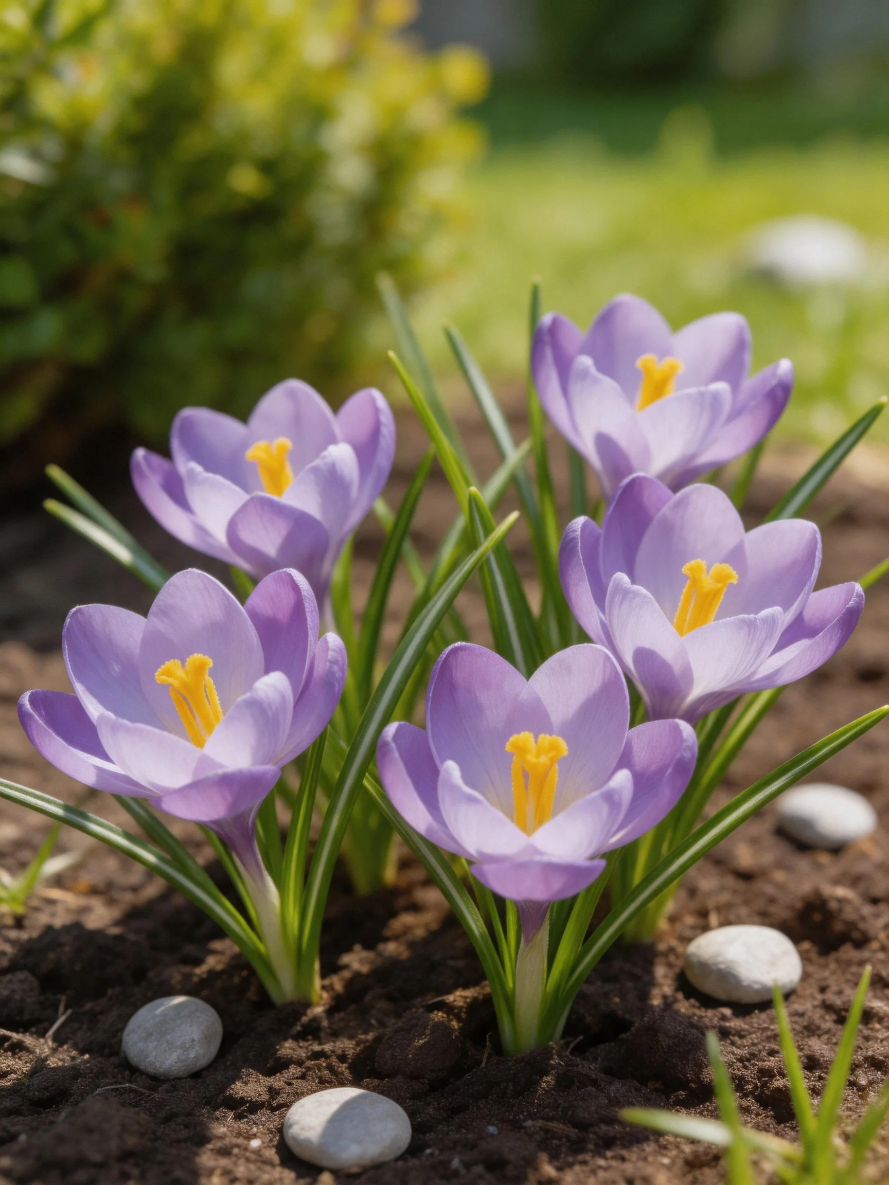 Six purple crocuses bloom amid green stems and stones