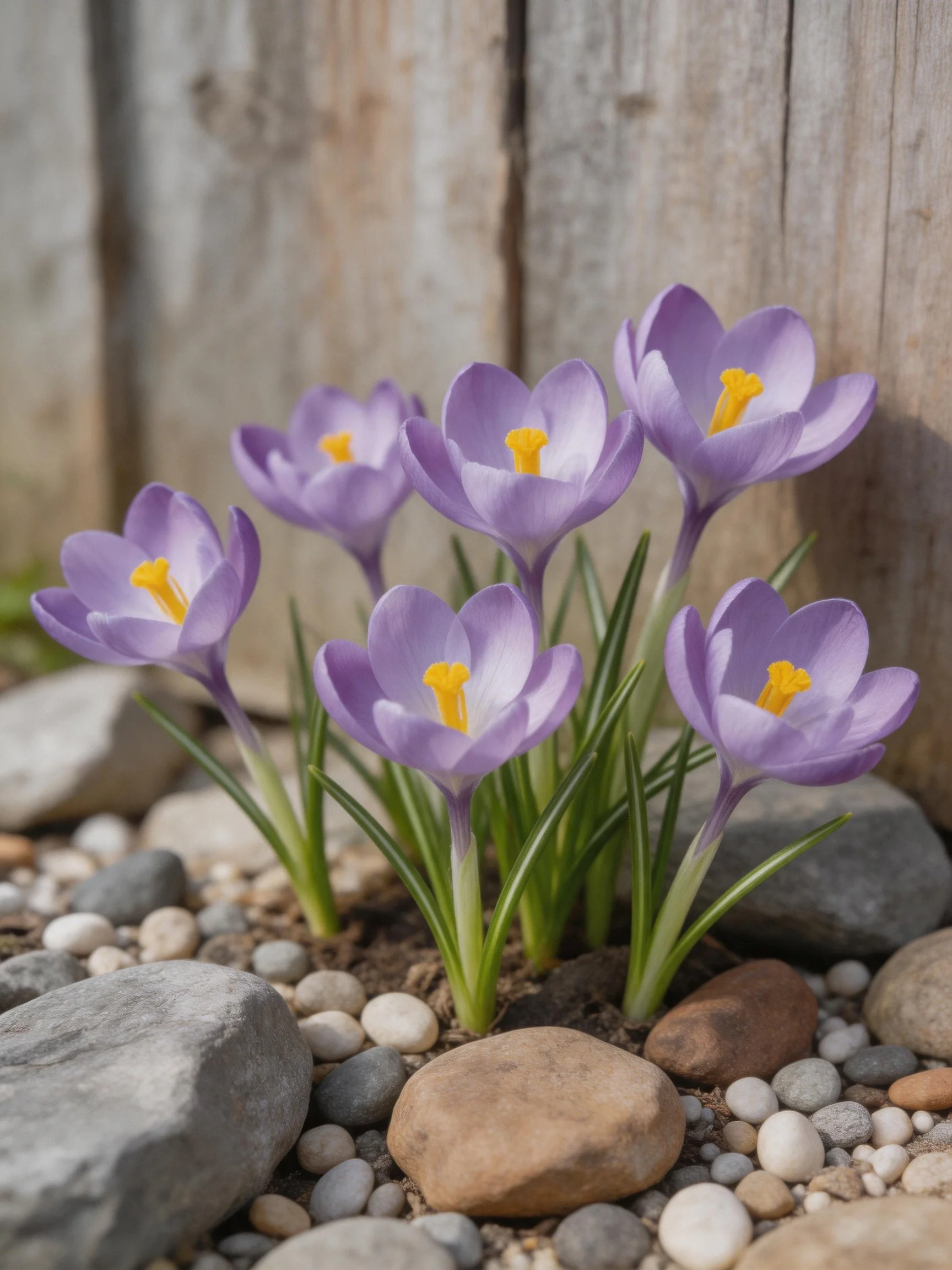 Six purple crocuses bloom among varied stones near a weathered wood fence