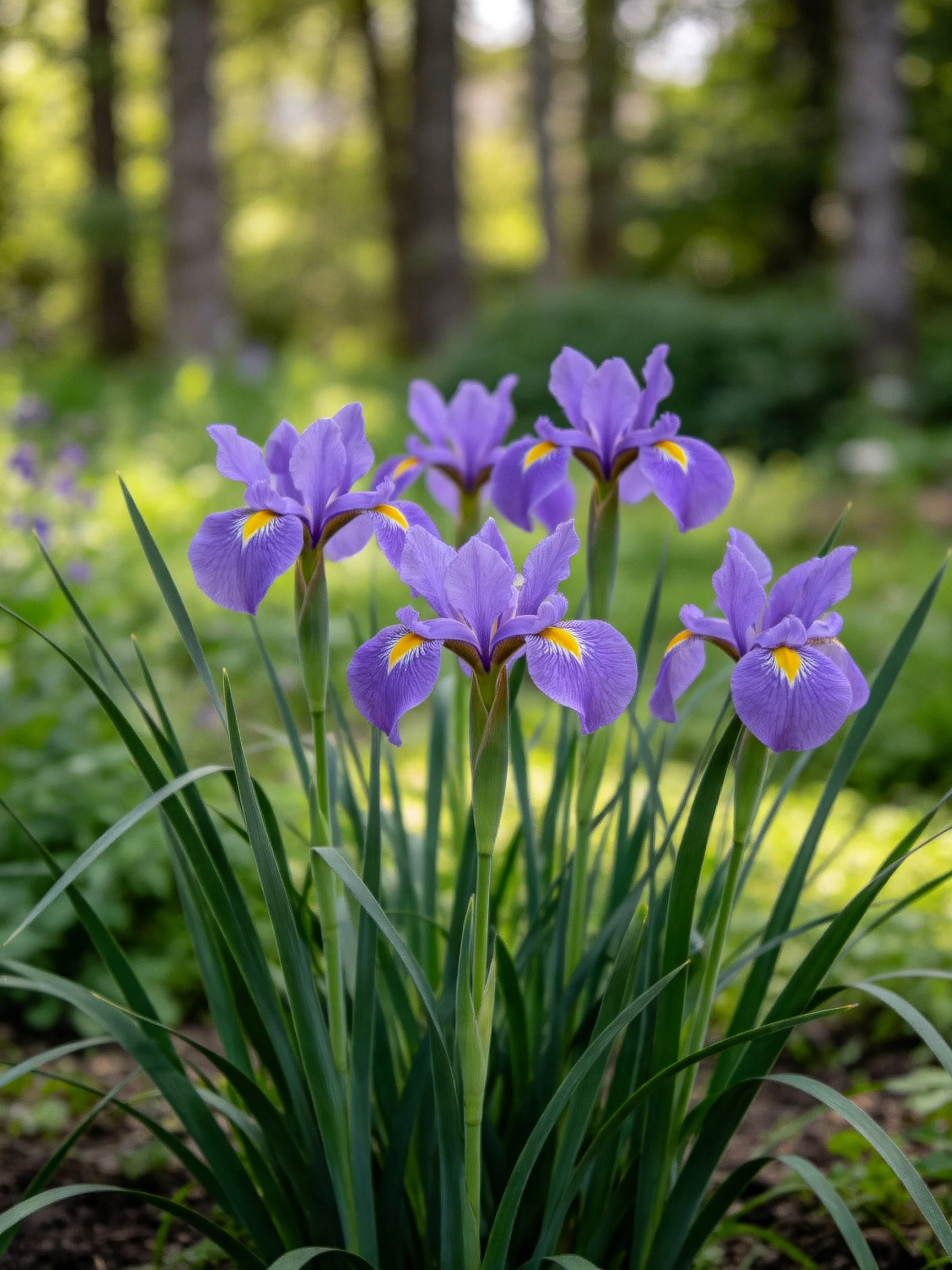 Six purple iris blooms with yellow centers amid lush greenery near wooded area
