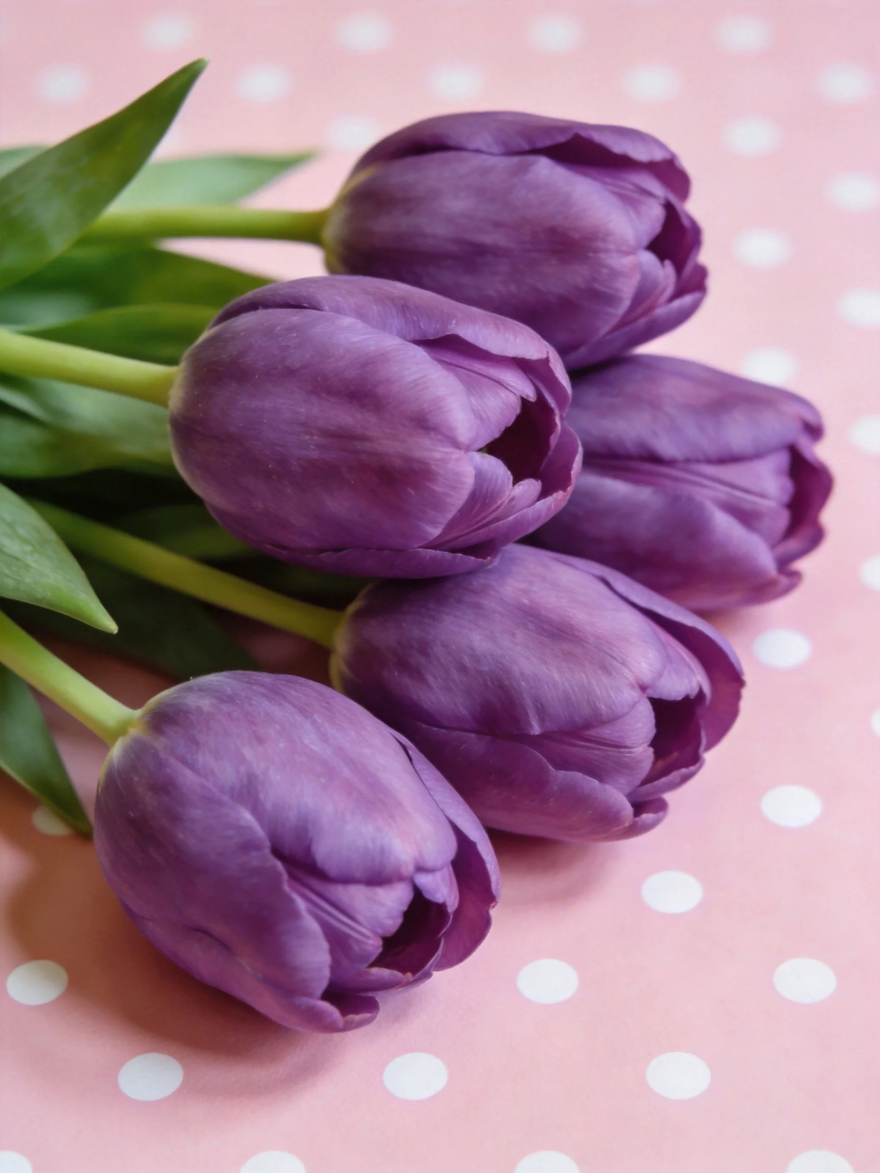 Six purple tulips with green stems on a pink polka-dot