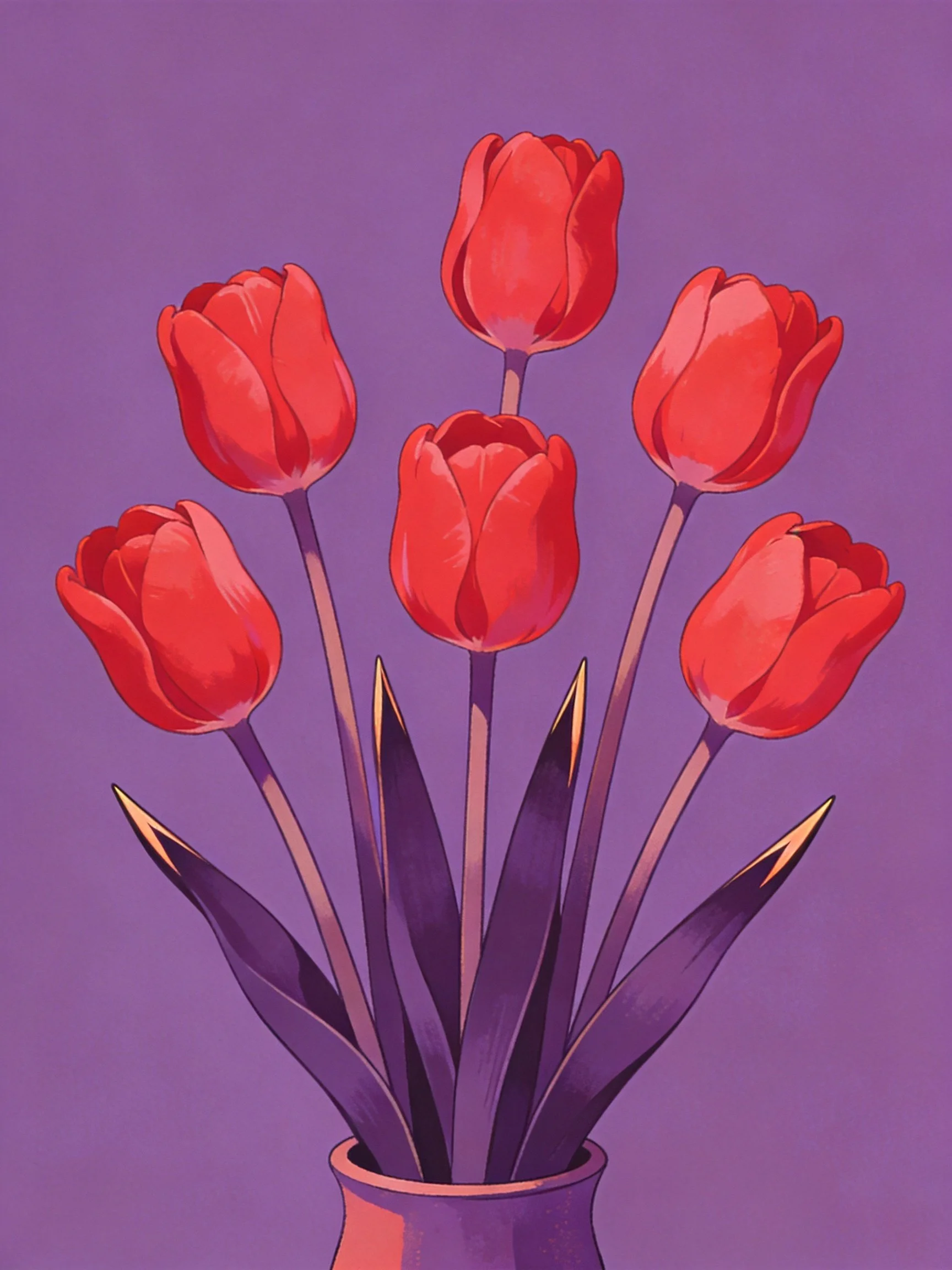 Six red tulips in a vase with dark purple leaves against a purple background