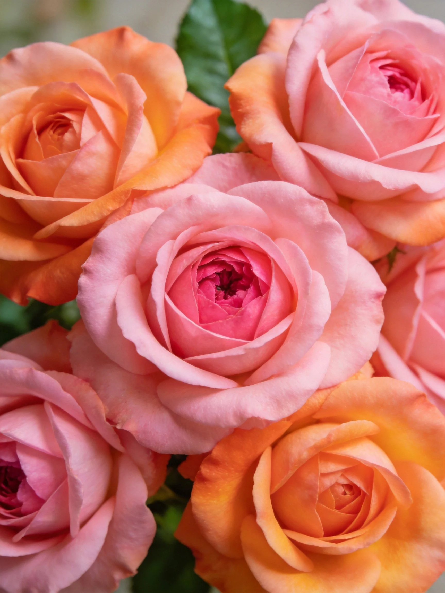 Six roses in soft pink and warm orange tones clustered together