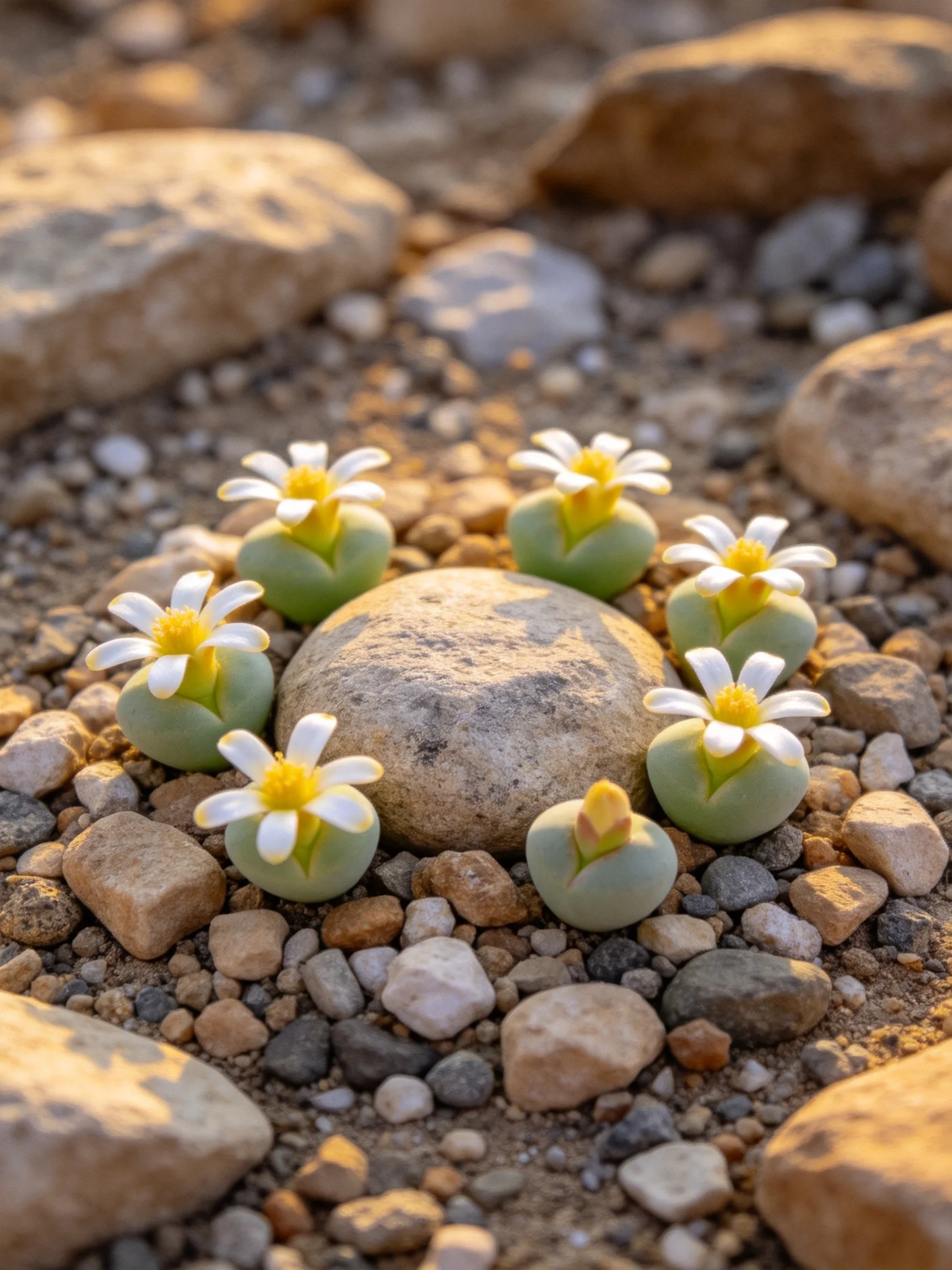 Six small green succulents with white flowers encircle a central stone on gravel