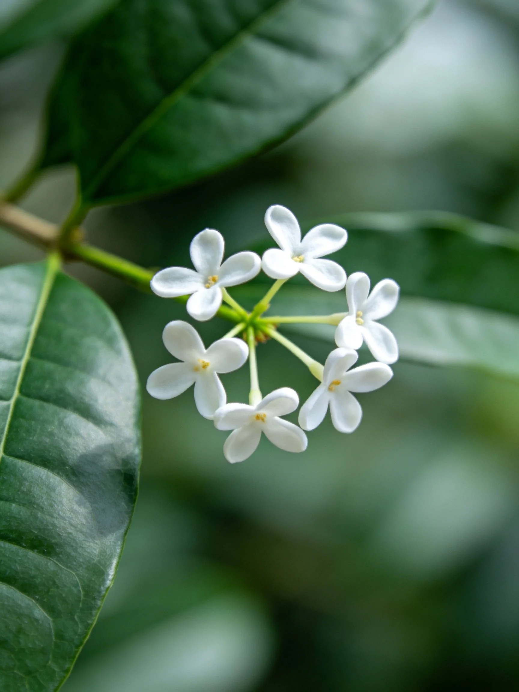 Six small white flowers cluster near glossy green leaves