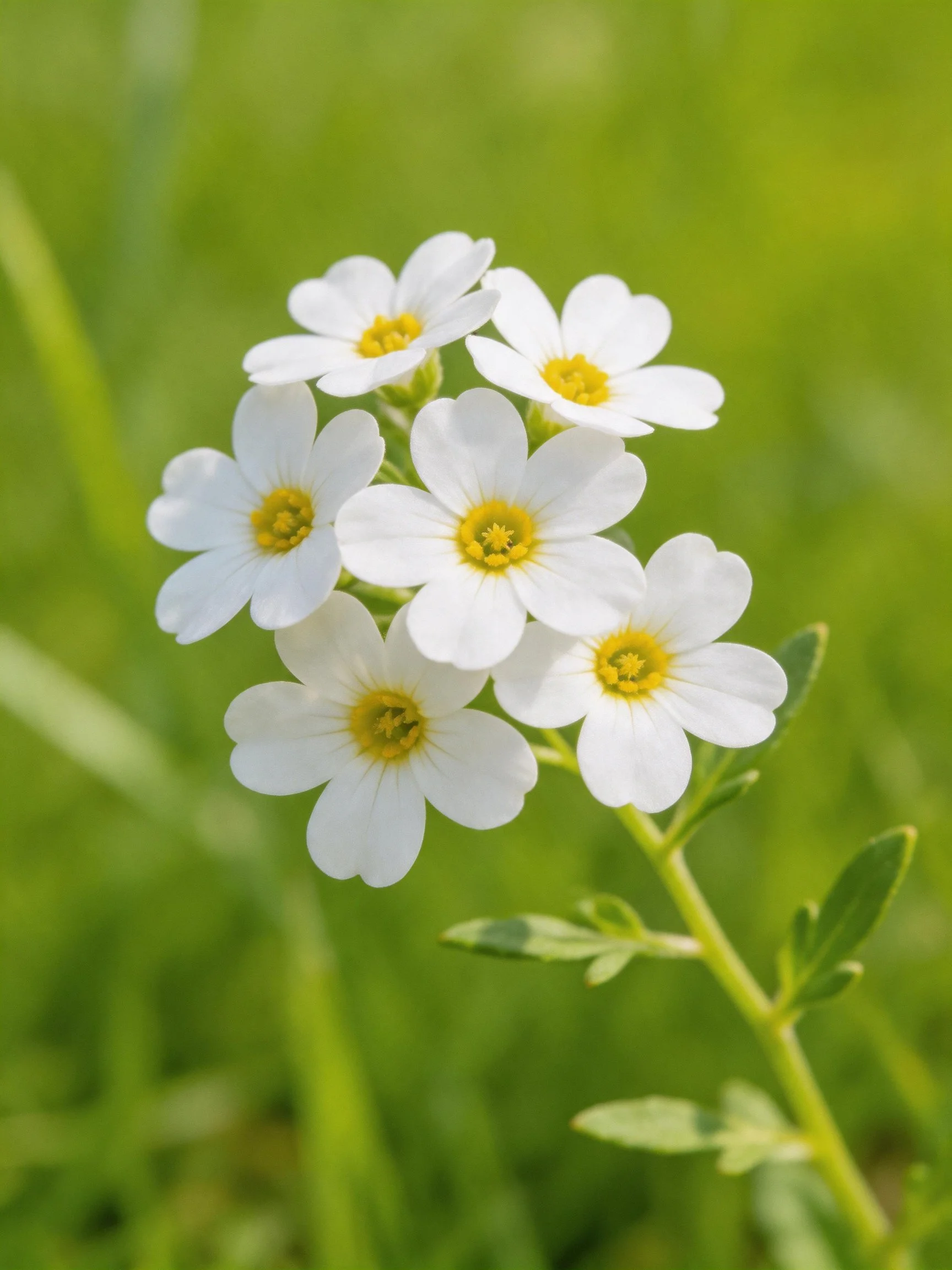 Six small white flowers with yellow centers clustered among green foliage
