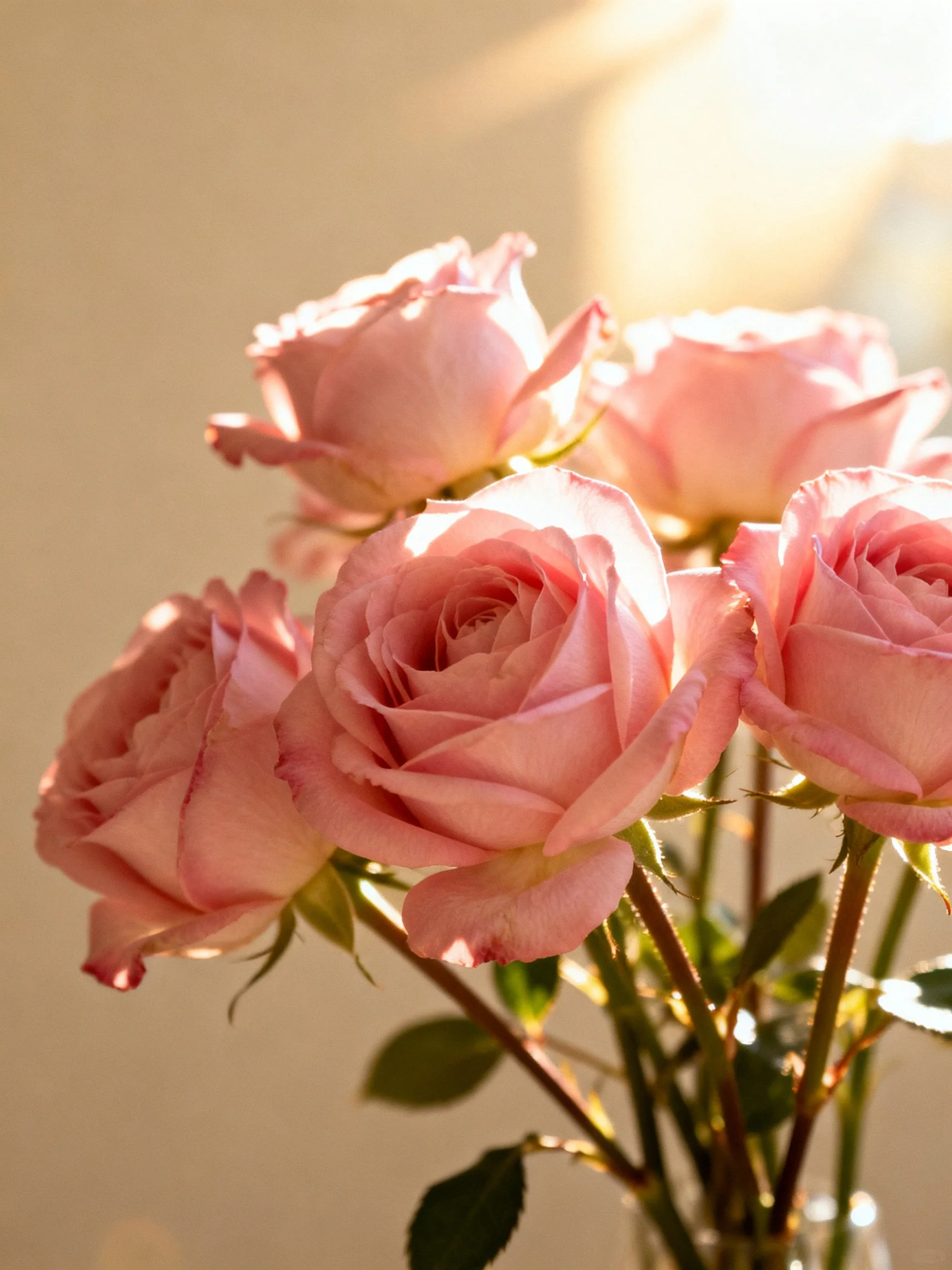 Six soft pink roses in a glass vase with warm lighting