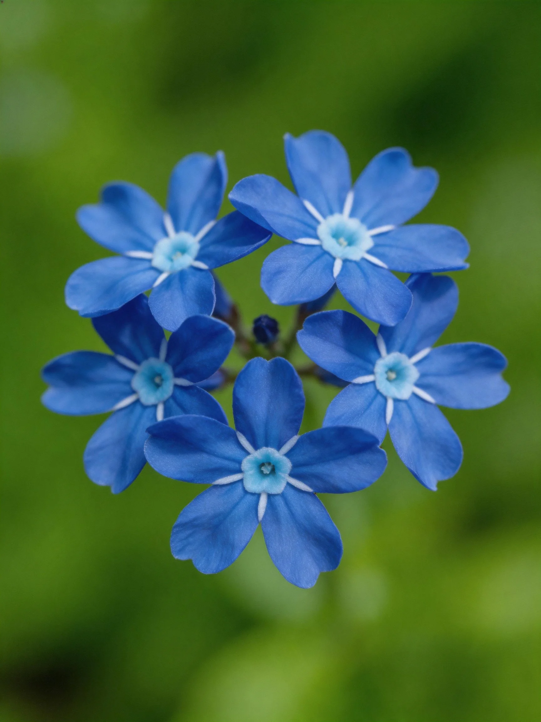 Six vibrant blue flowers clustered with a green blurred backdrop