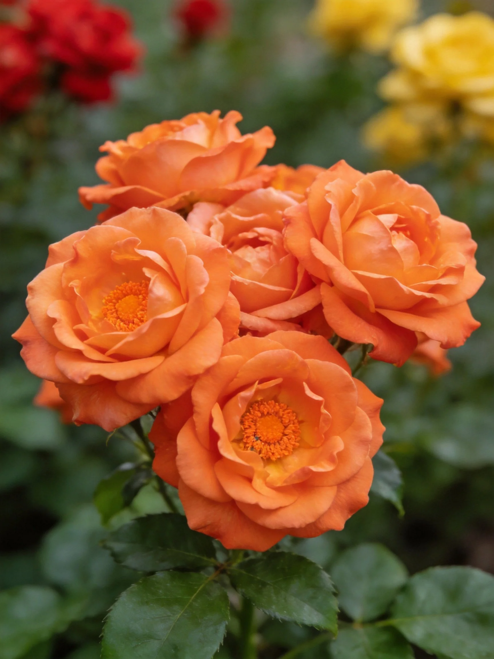 Six vibrant orange roses clustered with green foliage