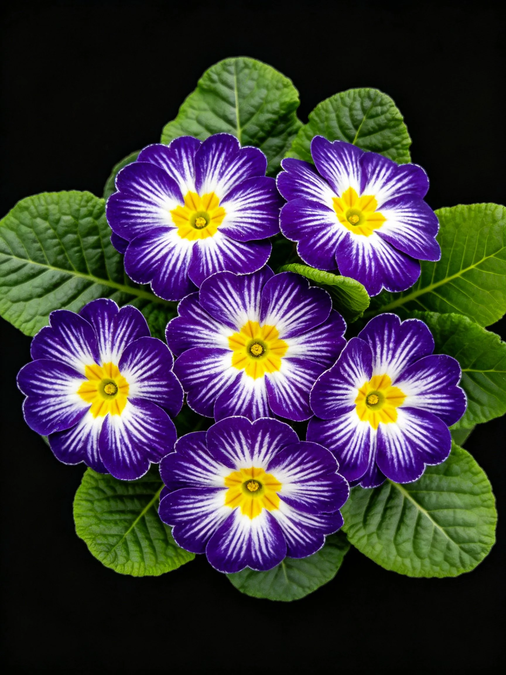 Six vibrant purple primroses with white streaks and yellow centers among green leaves