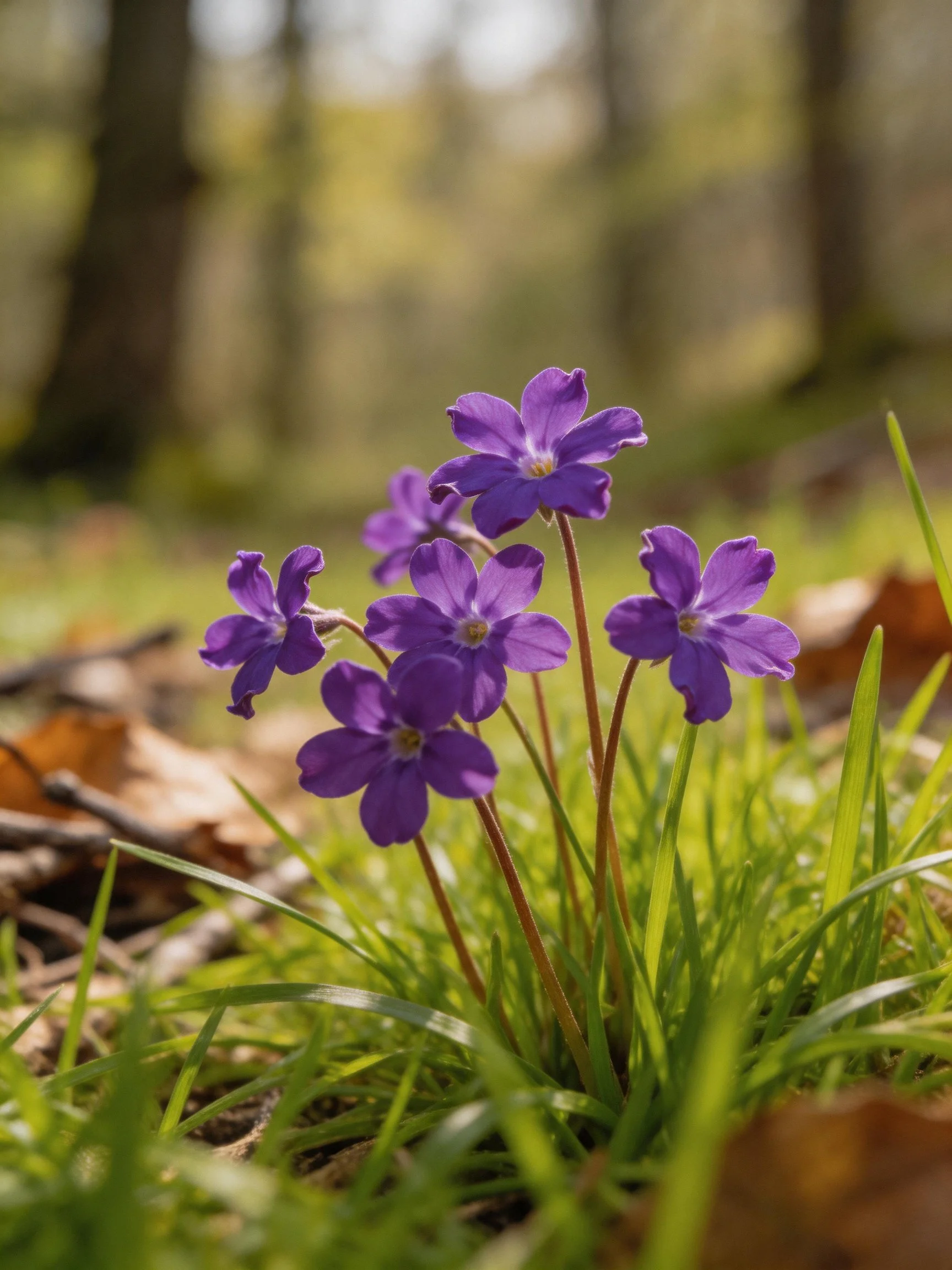 Six vibrant purple wildflowers bloom amid lush green grass
