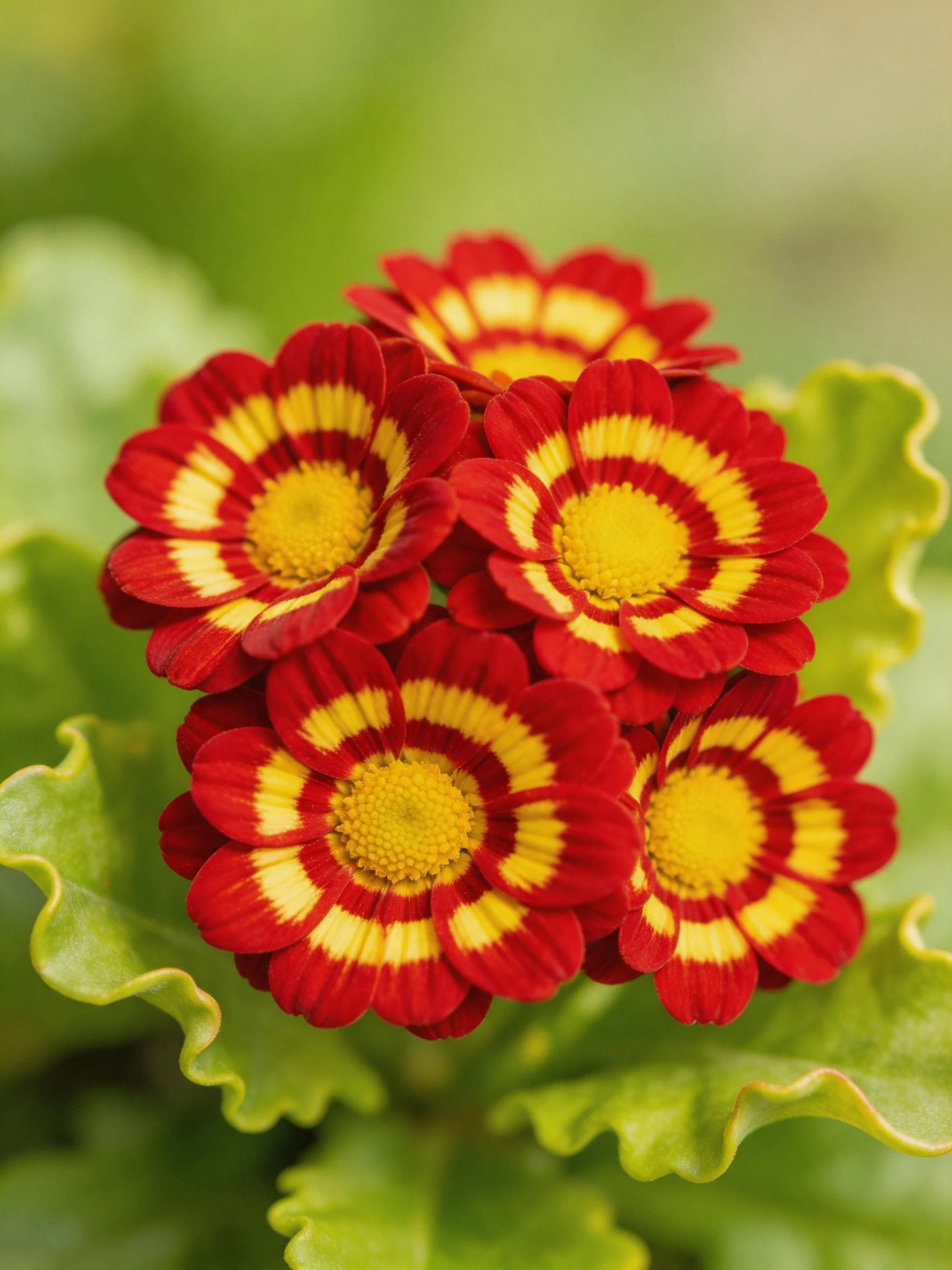 Six vibrant red and yellow striped flowers clustered near green foliage