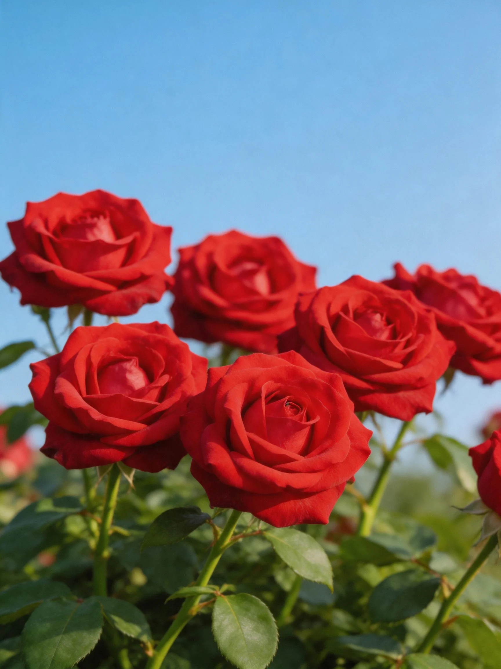 Six vibrant red roses with green foliage against a clear blue sky