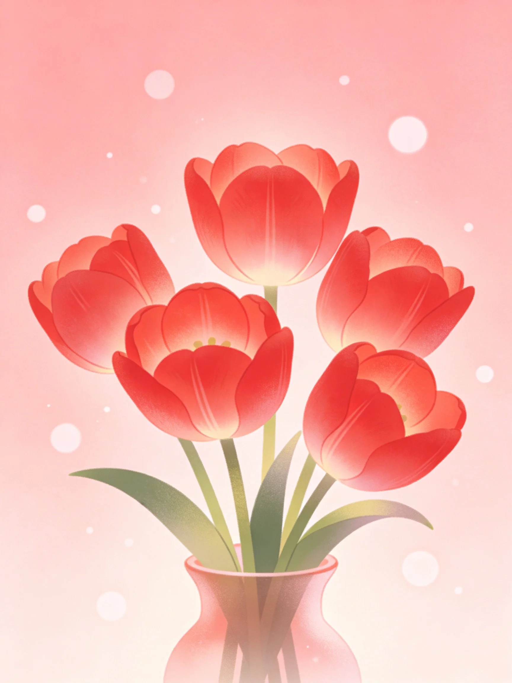 Six vibrant red tulips arranged in a pink vase with soft bokeh
