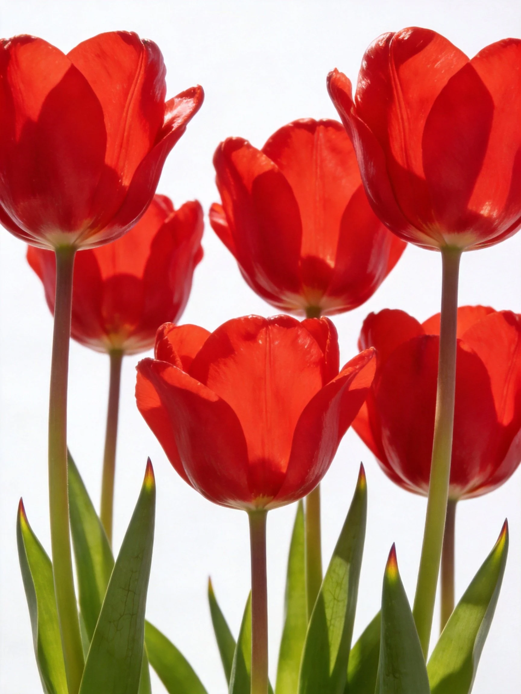 Six vibrant red tulips with slender green stems and leaves