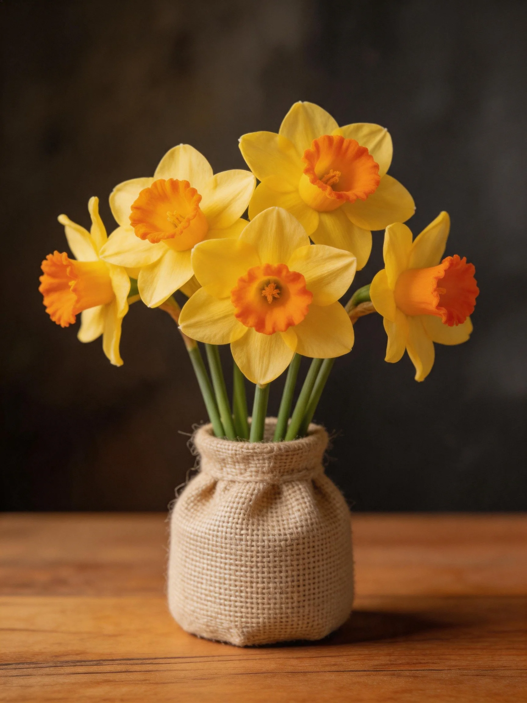 Six vibrant yellow daffodils in a burlap-wrapped vase on wood