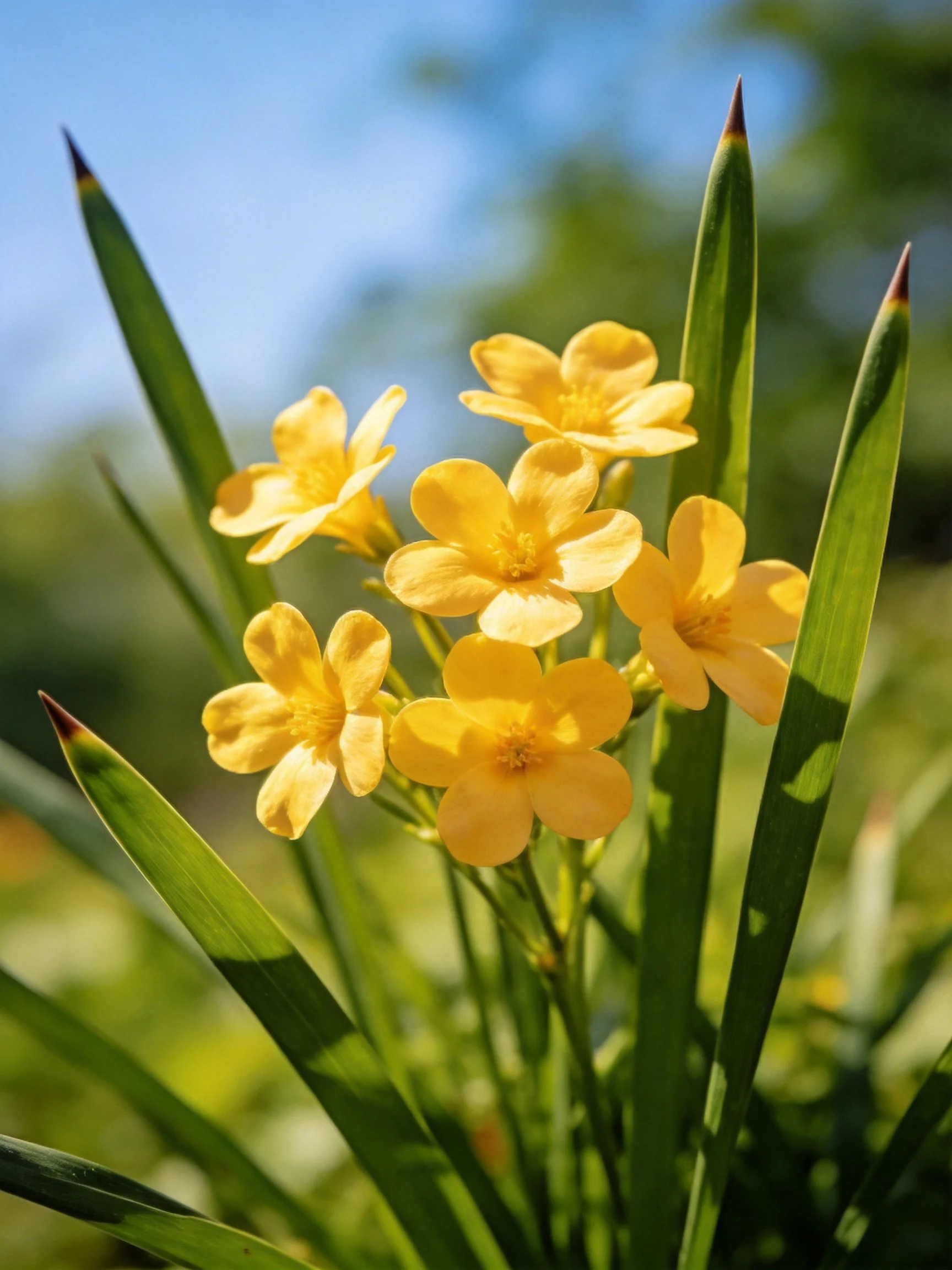 Six vibrant yellow flowers among long green foliage