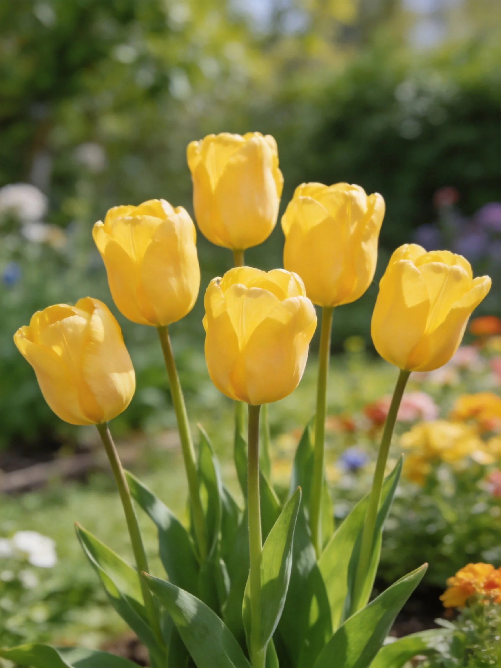 Six vibrant yellow tulips blooming in a lush garden