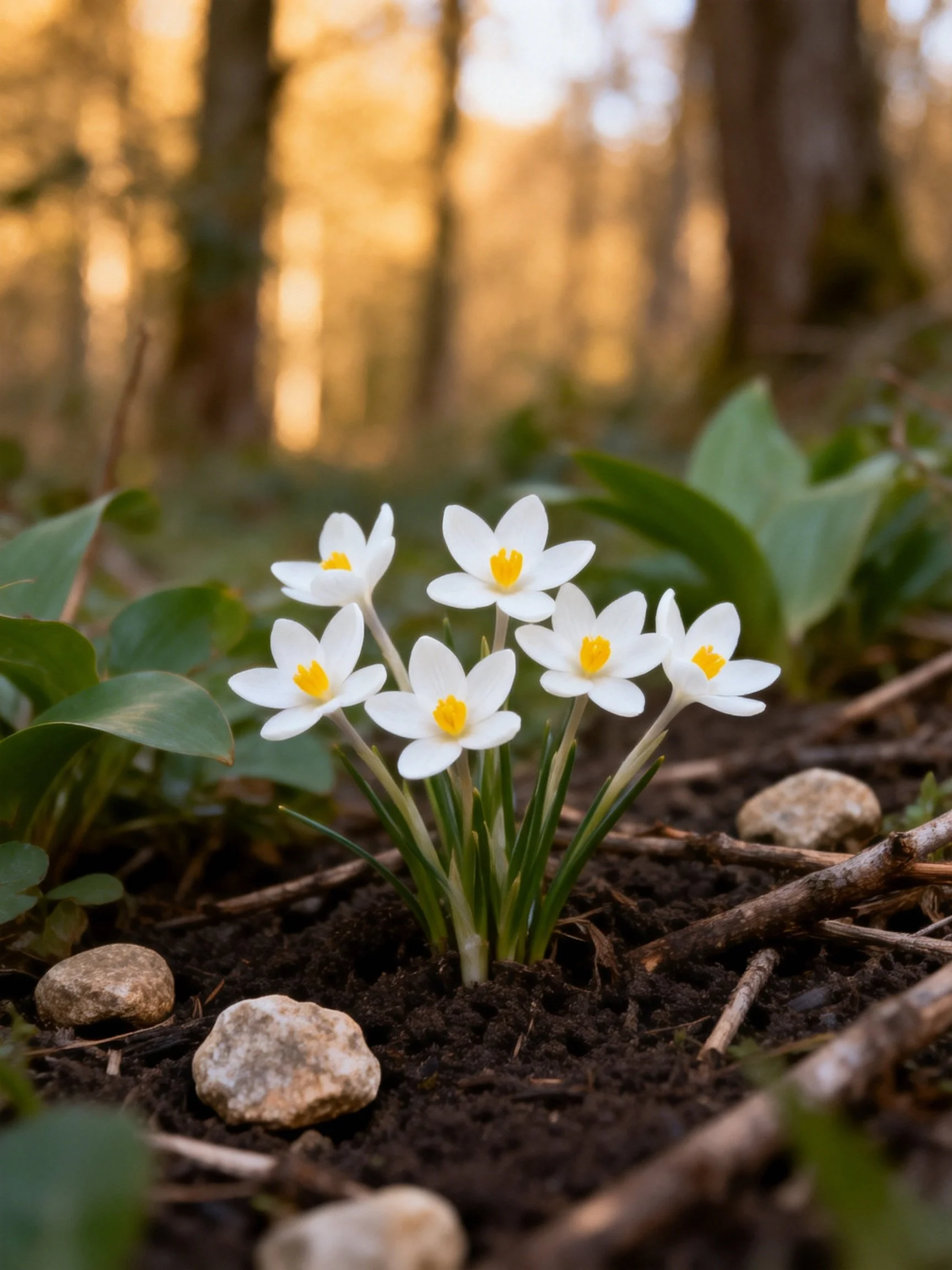 Six white crocus blooms near forest rocks and leaves