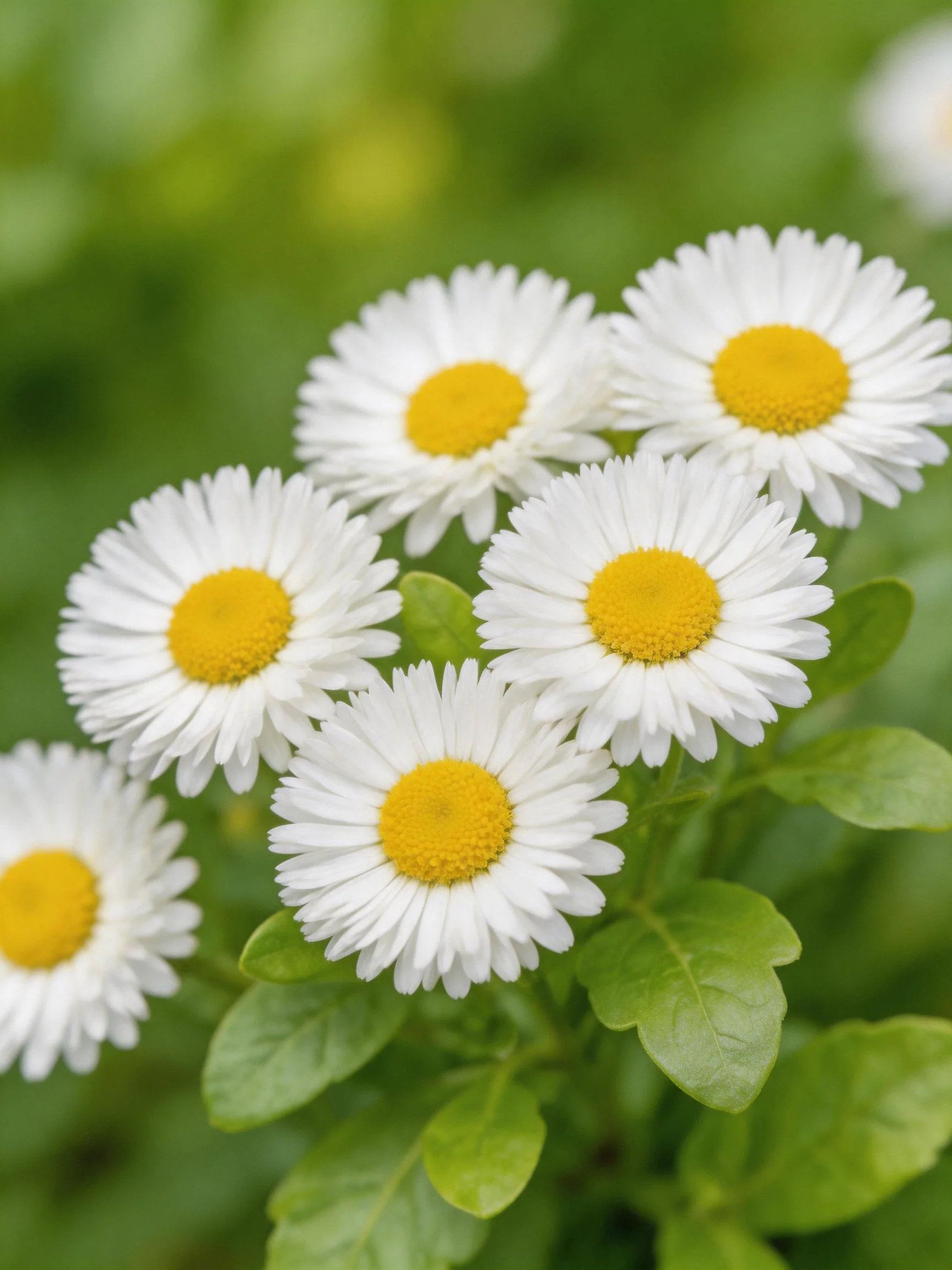 Six white daisies with yellow centers amid green foliage