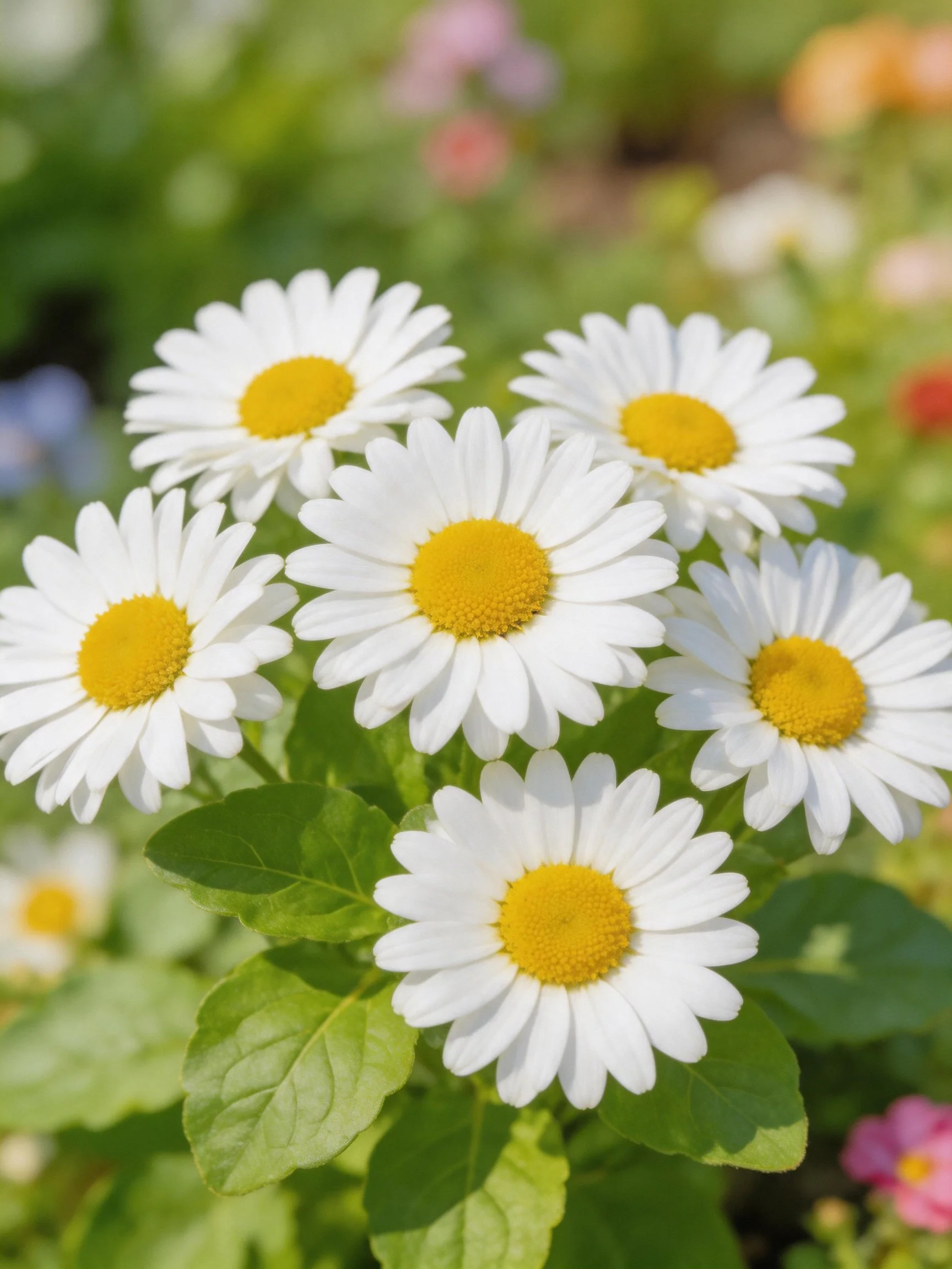 Six white daisies with yellow centers in a garden