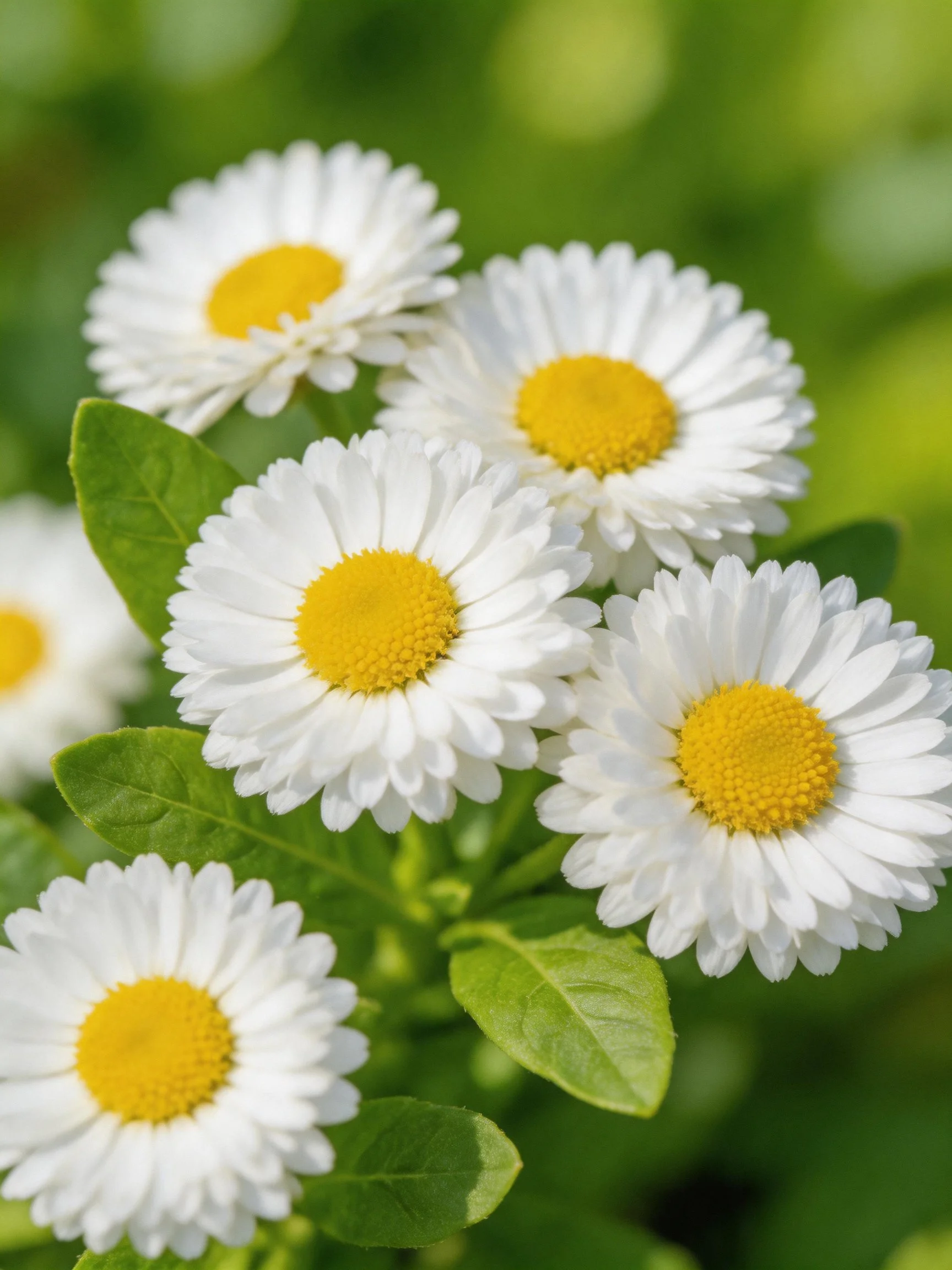 Six white daisy blooms with yellow centers amid green leaves