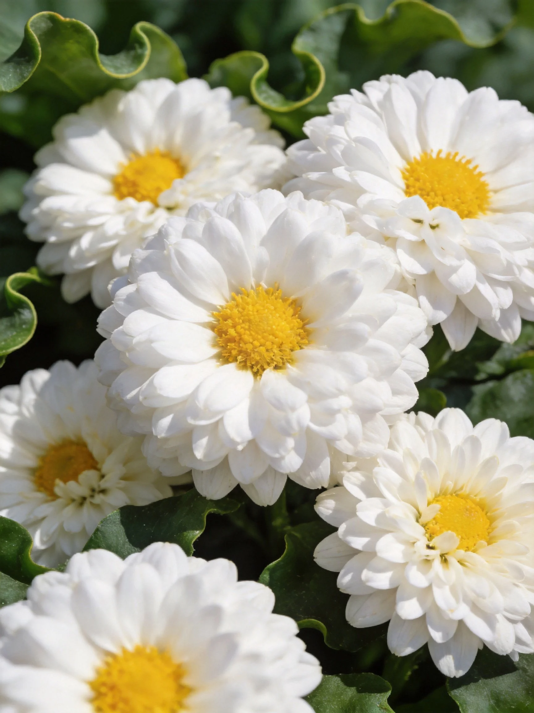 Six white daisy blooms with yellow centers amidst green foliage